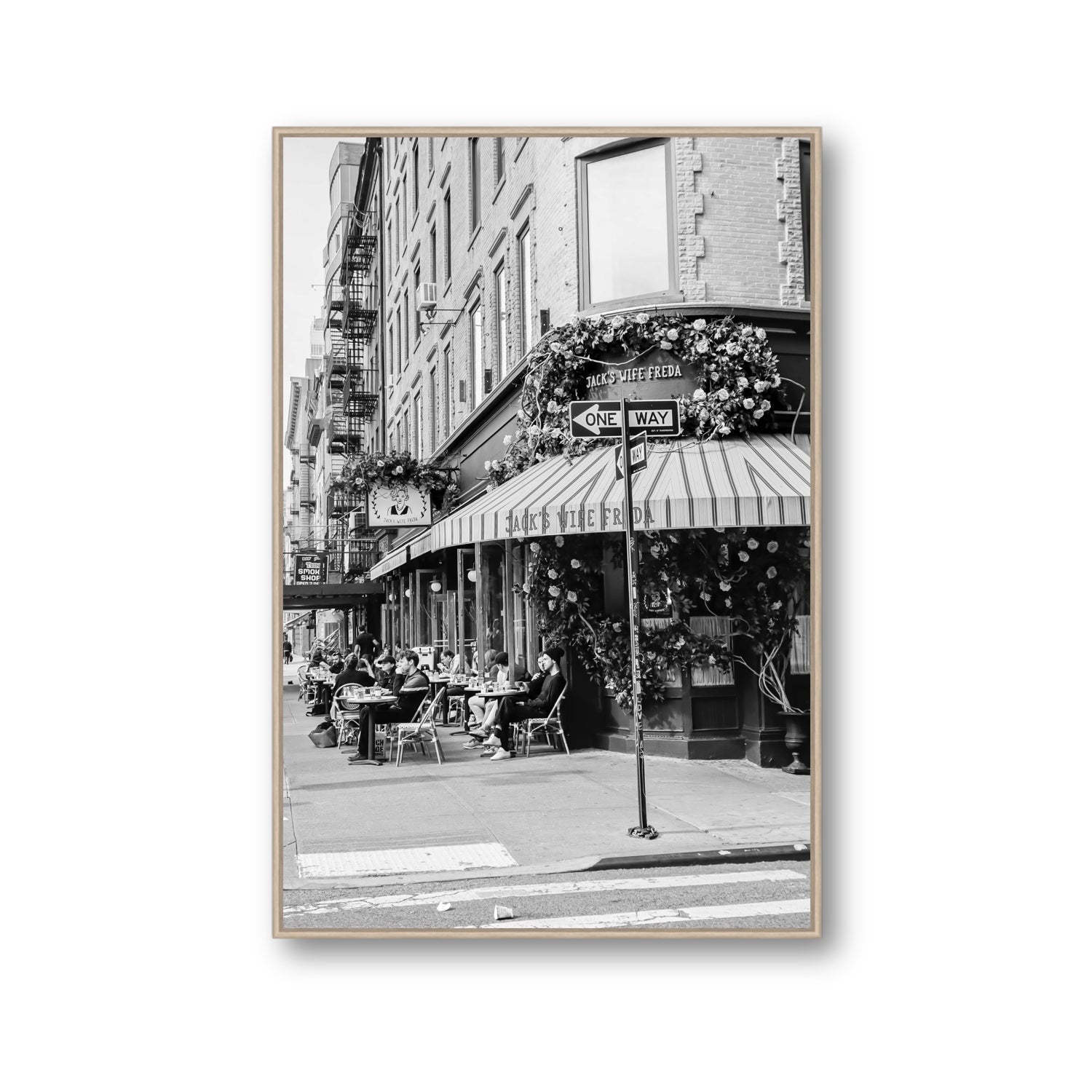 Freda's Feast New York NYC Black & White wall art Gallery fine art canvas in natural oak float frame