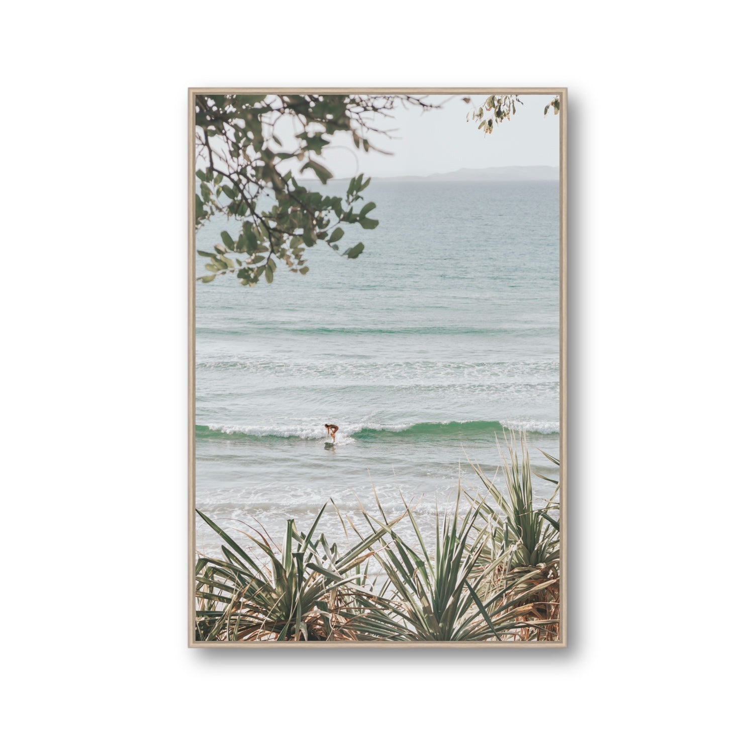 Dream Boat fine art print, Noosa, Australia, coastal scenes artwork, Gallery, Natural Oak Float Frame, Fine Art Canvas