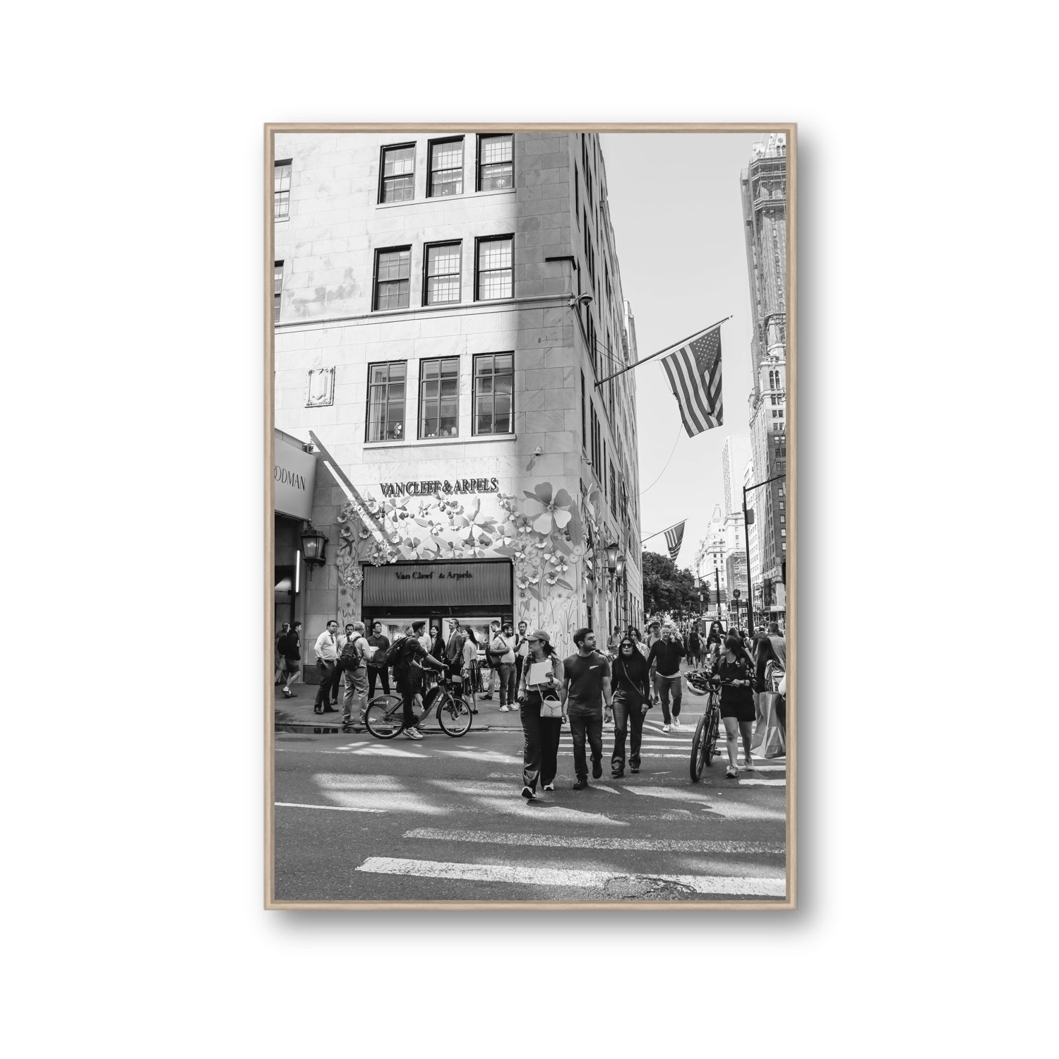 Sidewalk Shuffle New York NYC Black & White wall art Gallery fine art canvas in natural oak float frame
