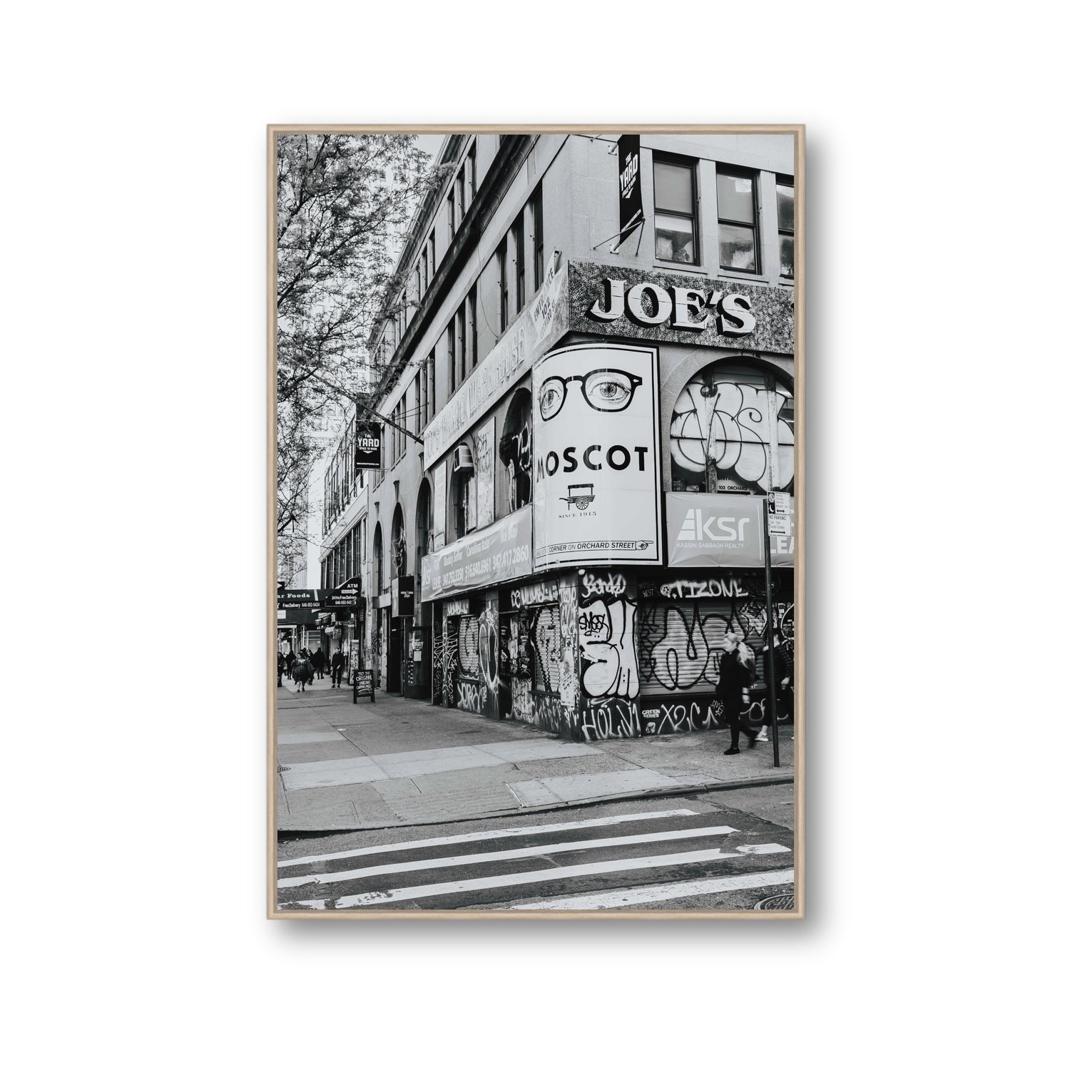 Lower East Side Murals New York NYC Black & White wall art Gallery fine art canvas in natural oak float frame