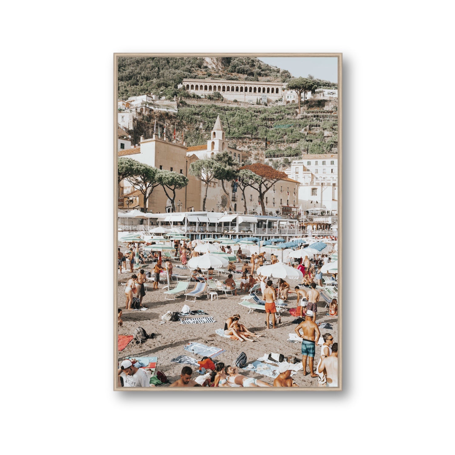 Festa In Spiaggia Amalfi coastal wall art Gallery fine art canvas in natural oak float frame