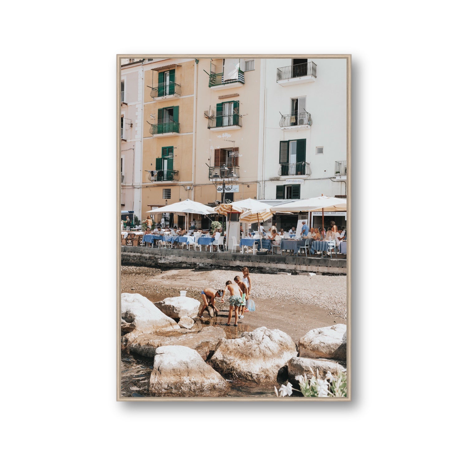 Sunny Playtime Sorrento coastal wall art Gallery fine art canvas in natural oak float frame