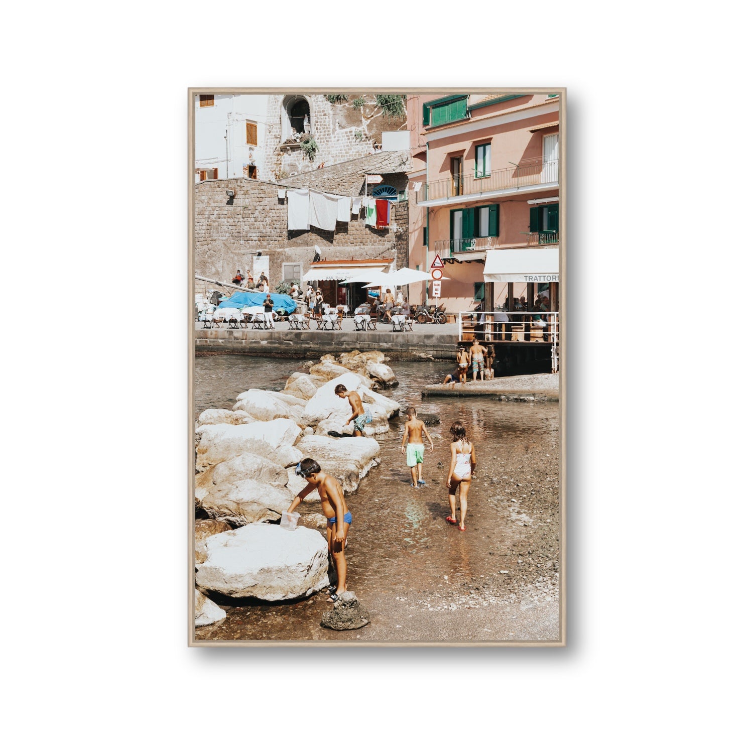 The Beachcombers Sorrento beach coastal wall art Gallery fine art canvas in natural oak float frame