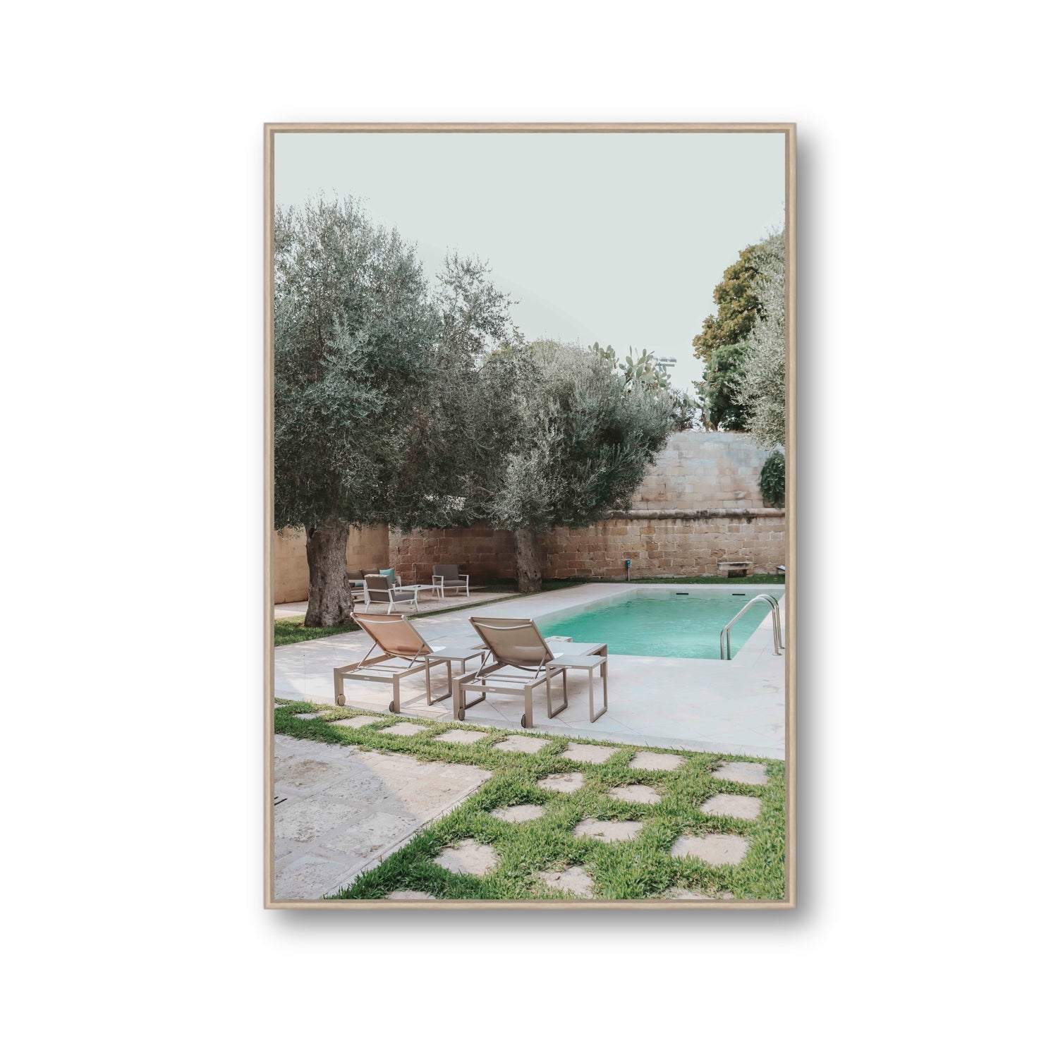 Olive Oasis Puglia Mediterranean wall art Gallery fine art canvas in natural oak float frame