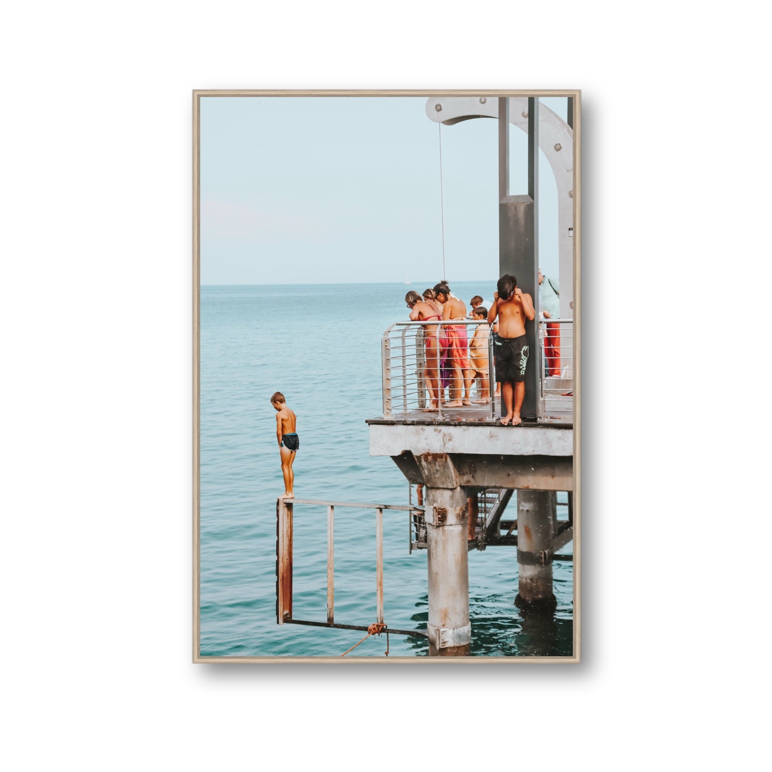 Golden Boy Alassio coastal decor wall art Gallery fine art canvas in natural oak float frame