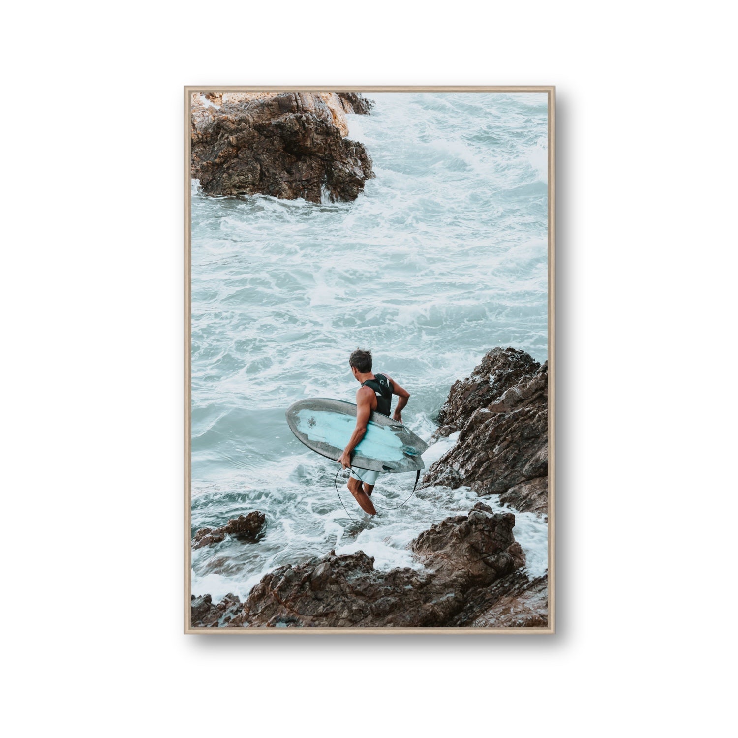 Into The Soup Byron Bay Surf coastal wall art Gallery fine art canvas in natural oak float frame