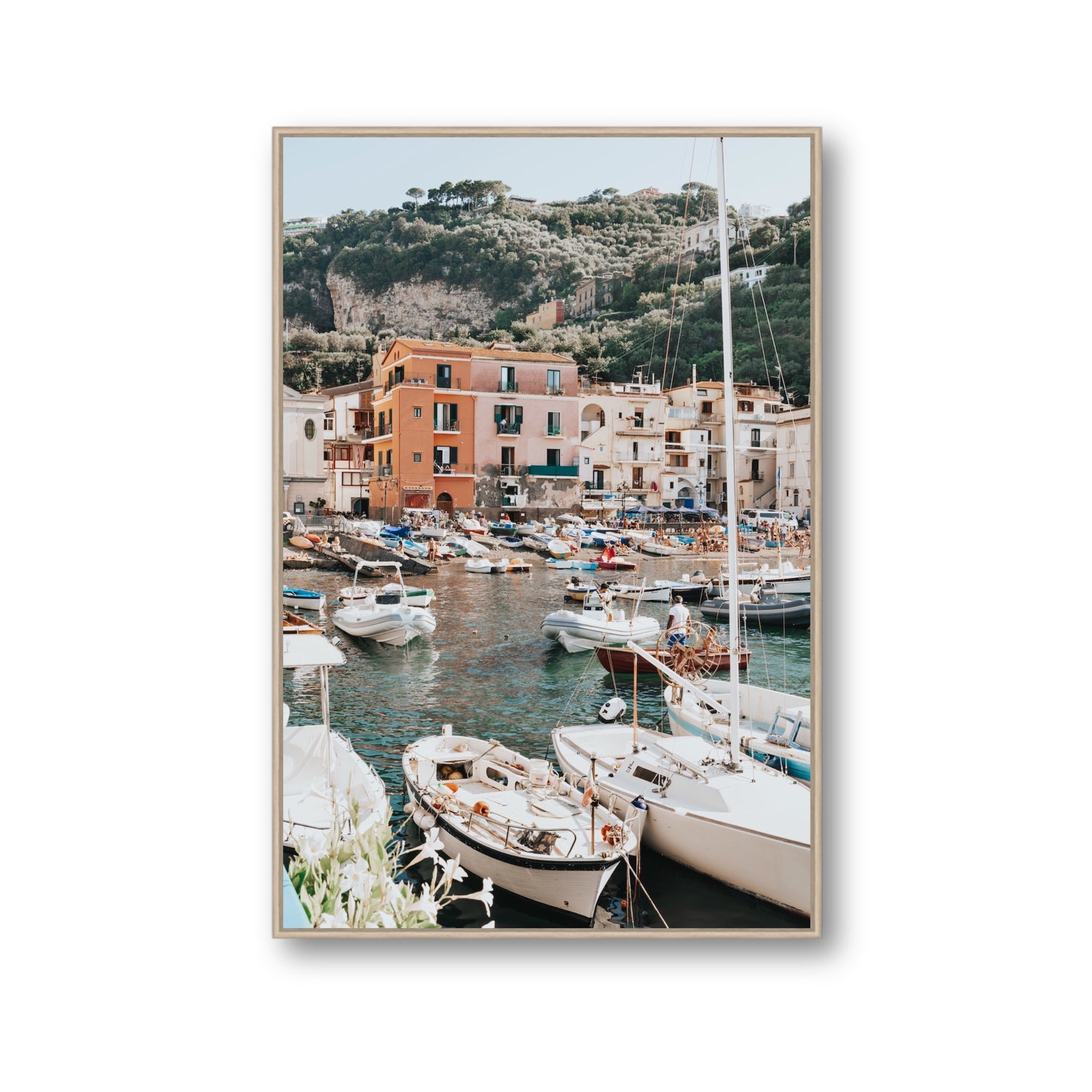 Marina Grande Sorrento coastal Italian wall art Gallery fine art canvas in natural oak float frame