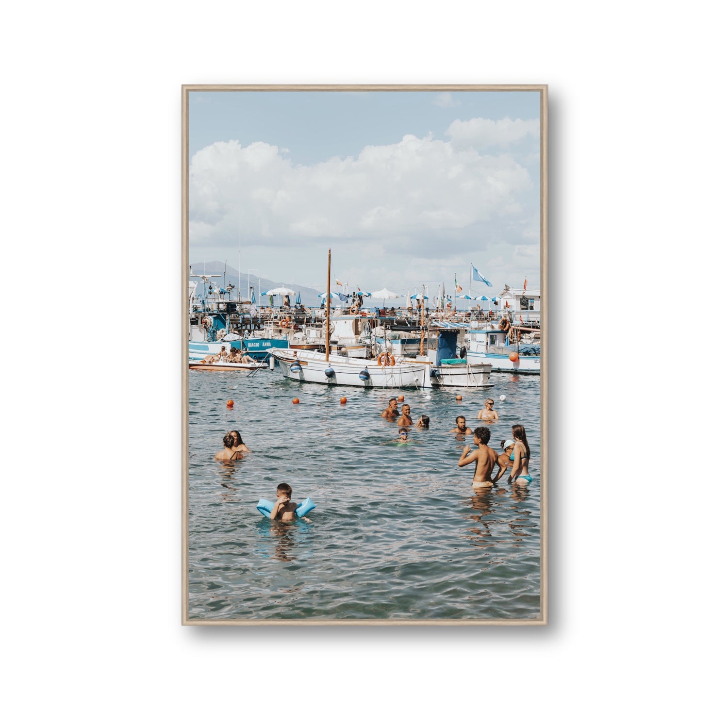 Vacanze Italiane Sorrento Italian coastal wall art Gallery fine art canvas in natural oak float frame