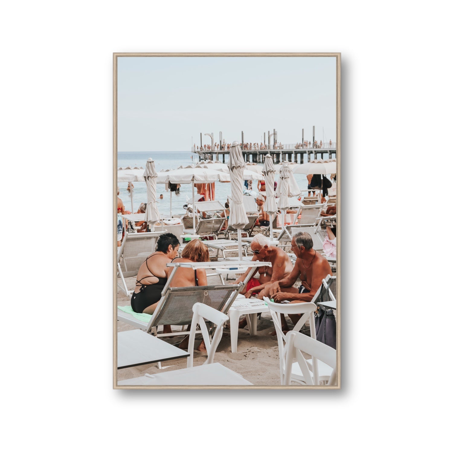 Salted Shuffle fine art print, Alassio, Italy, people and locals artwork, Gallery, Natural Oak Float Frame, Fine Art Canvas