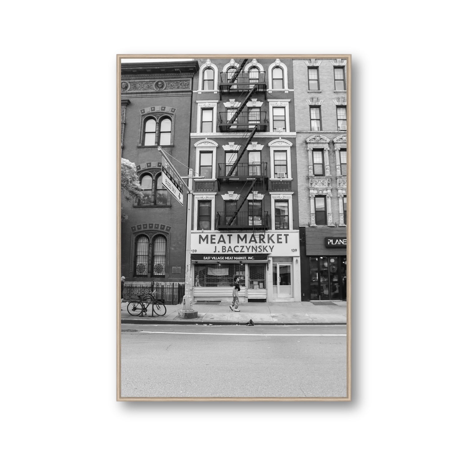 Vertical Village New York NYC Black & White wall art Gallery fine art canvas in natural oak float frame