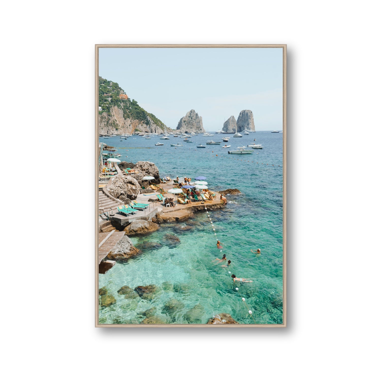 Summertime Blues Capri Mediterranean wall art Gallery fine art canvas in natural oak float frame