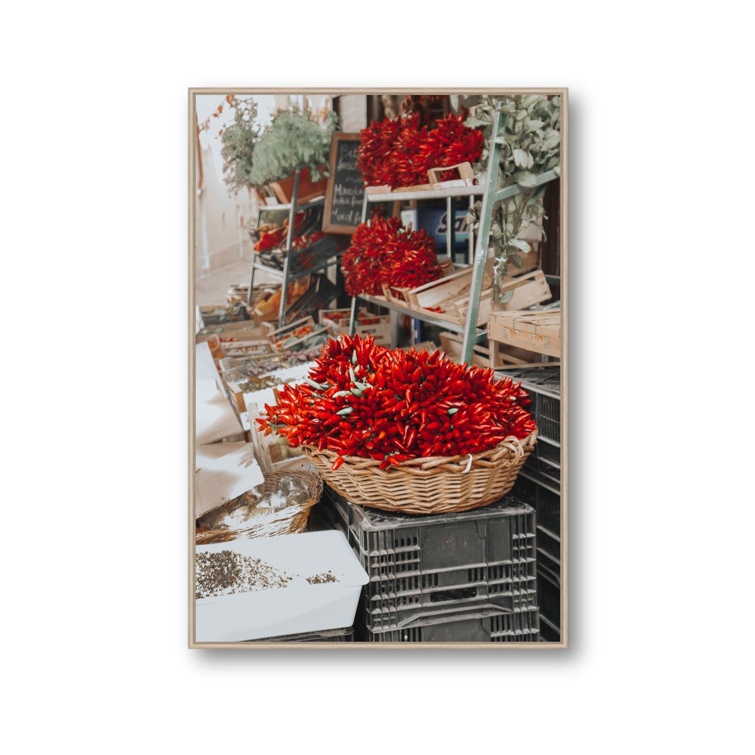 Fiery Cluster Puglia Italian wall art Gallery fine art canvas in natural oak float frame