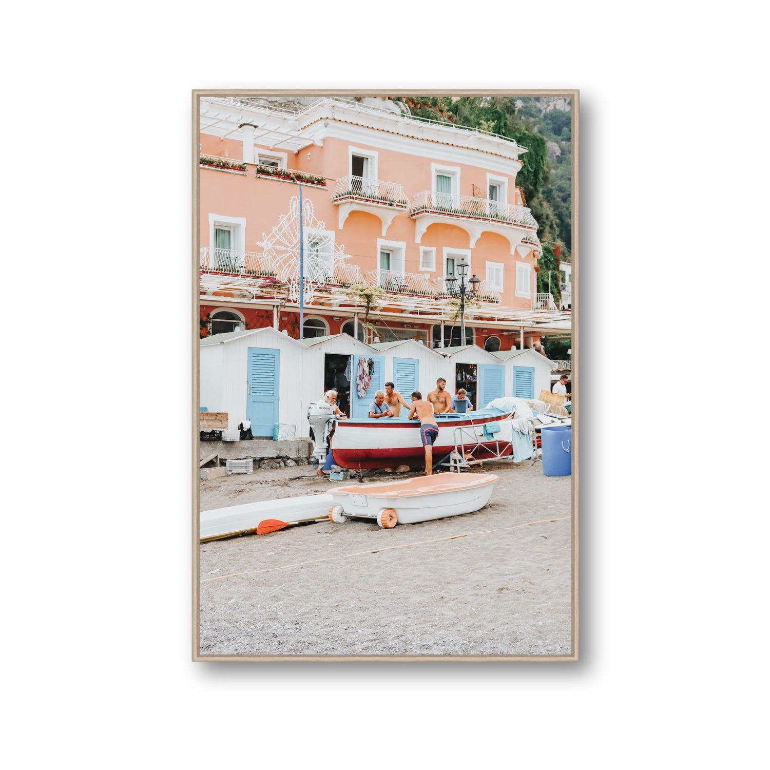 La Riunione della Mattina fine art print, Positano, Italy, Gallery, Natural Oak Float Frame, Fine Art Canvas