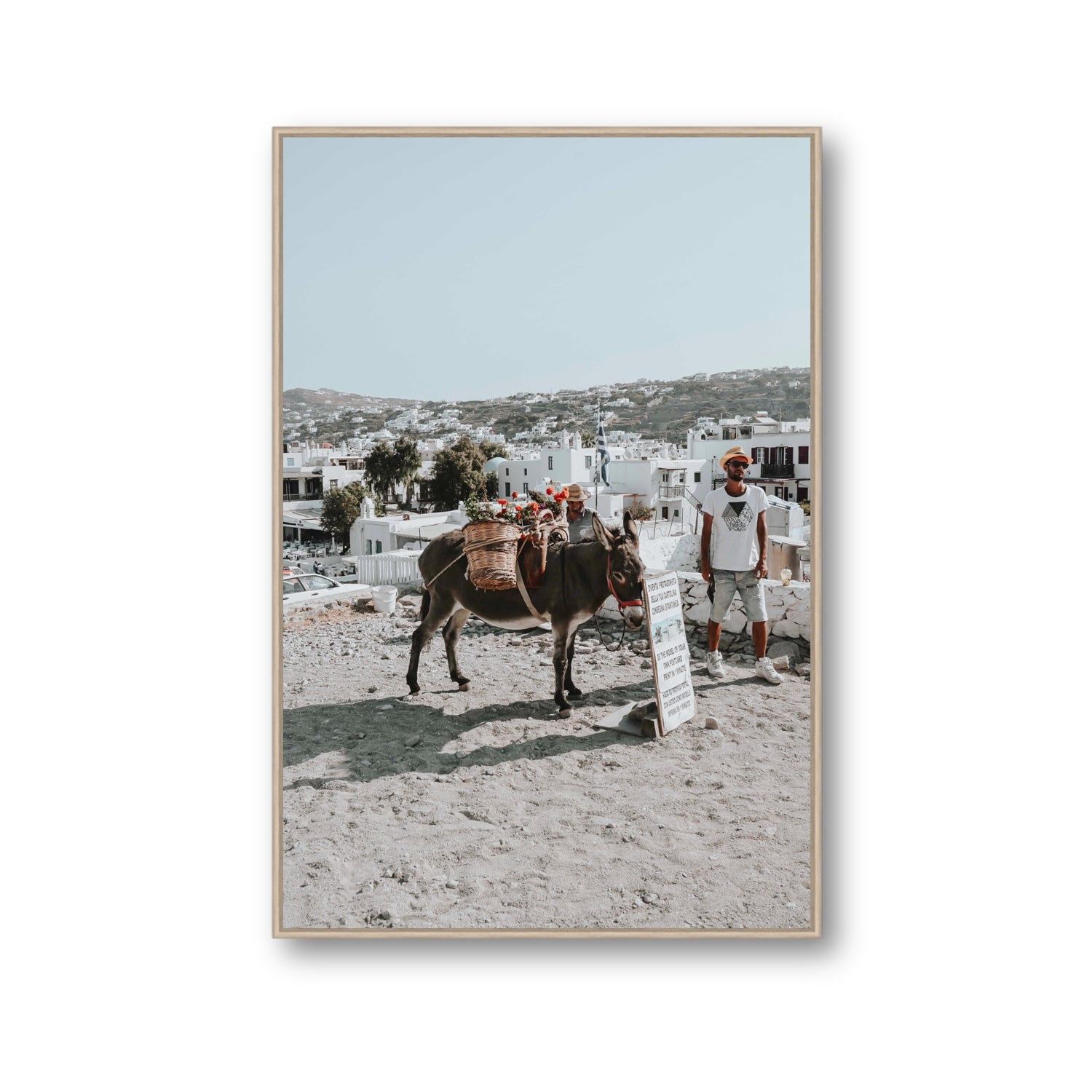 Let The Journey Begin Mykonos Greek island wall art Gallery fine art canvas in natural oak float frame