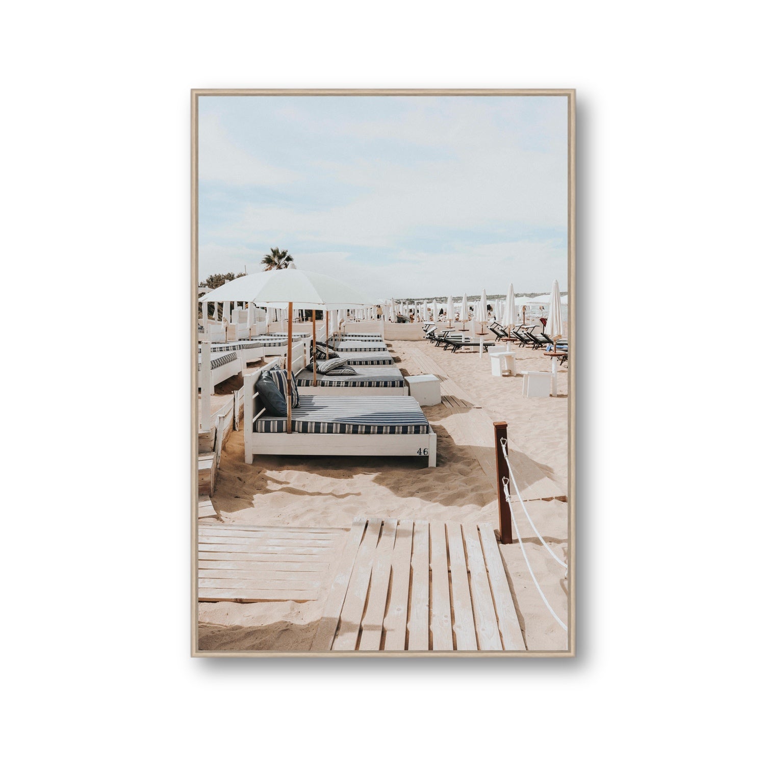Coastal Repose Puglia beach Mediterranean fine art print Gallery fine art canvas in natural oak float frame