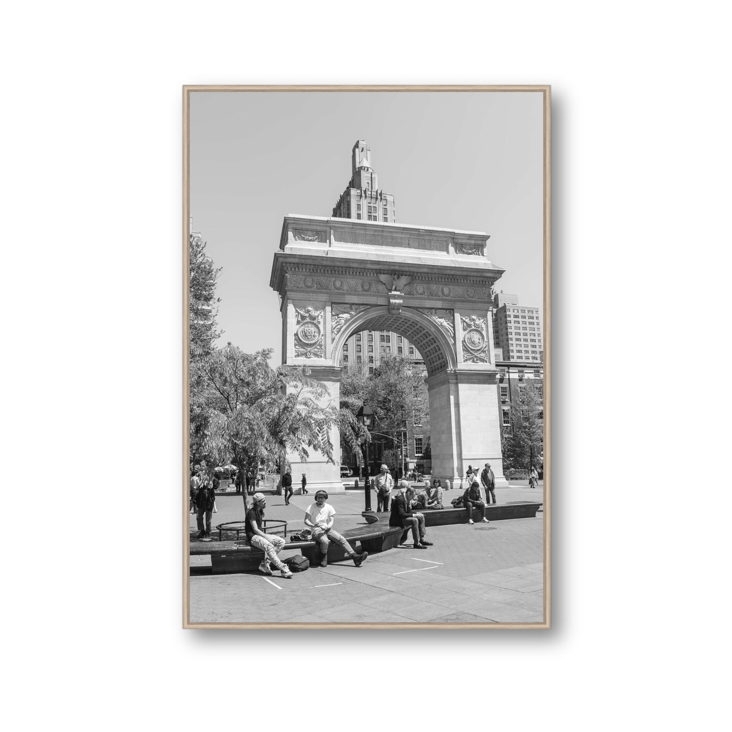 City Picnic New York NYC Black & White wall art Gallery fine art canvas in natural oak float frame