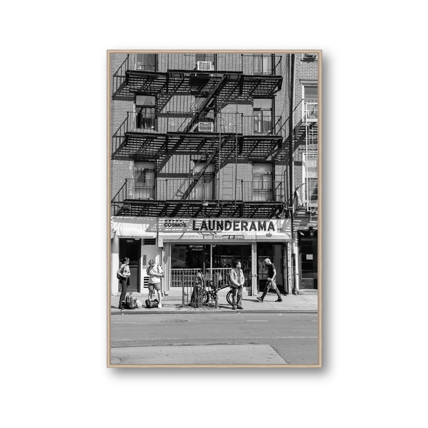 Bus Stop New York NYC Black & White wall art Gallery fine art canvas in natural oak float frame