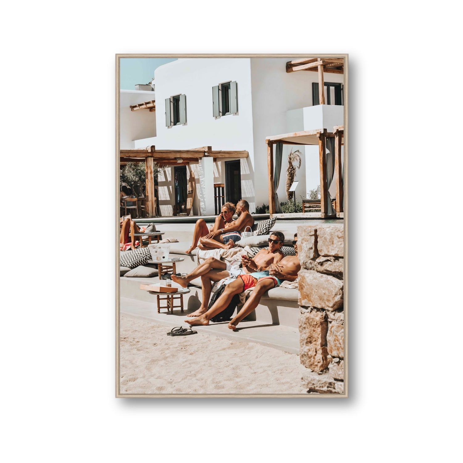 Style That Sizzles Mykonos Greek island wall art Gallery fine art canvas in natural oak float frame