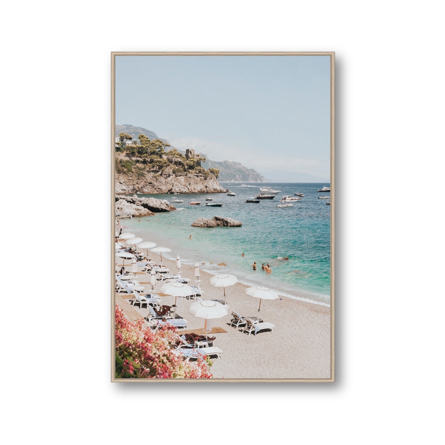 Seaview Refuge Amalfi coastal wall art gallery fine art canvas in natural oak float frame