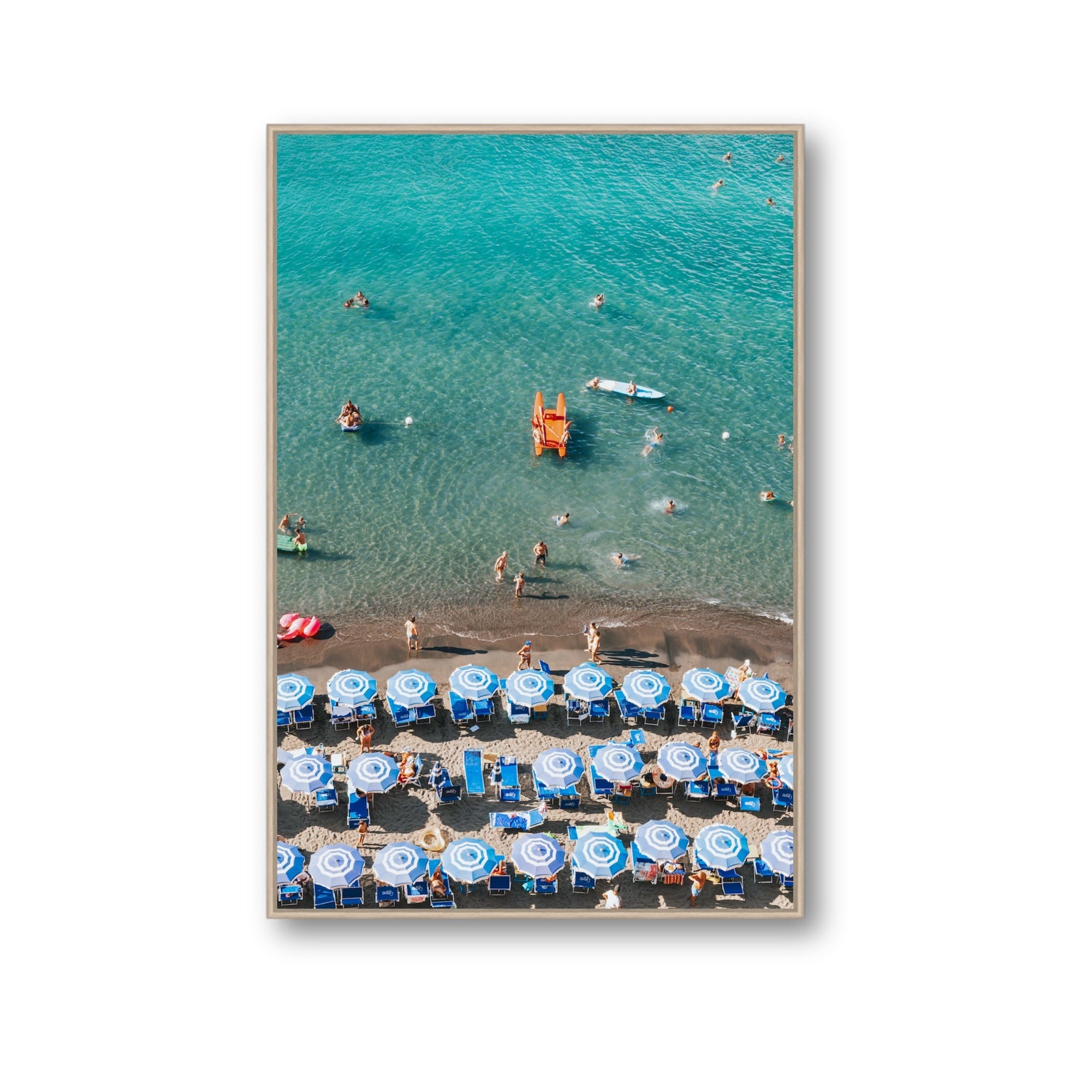 Aquamarine Oasis Sorrento Italian coastal wall art Gallery fine art canvas in natural oak float frame