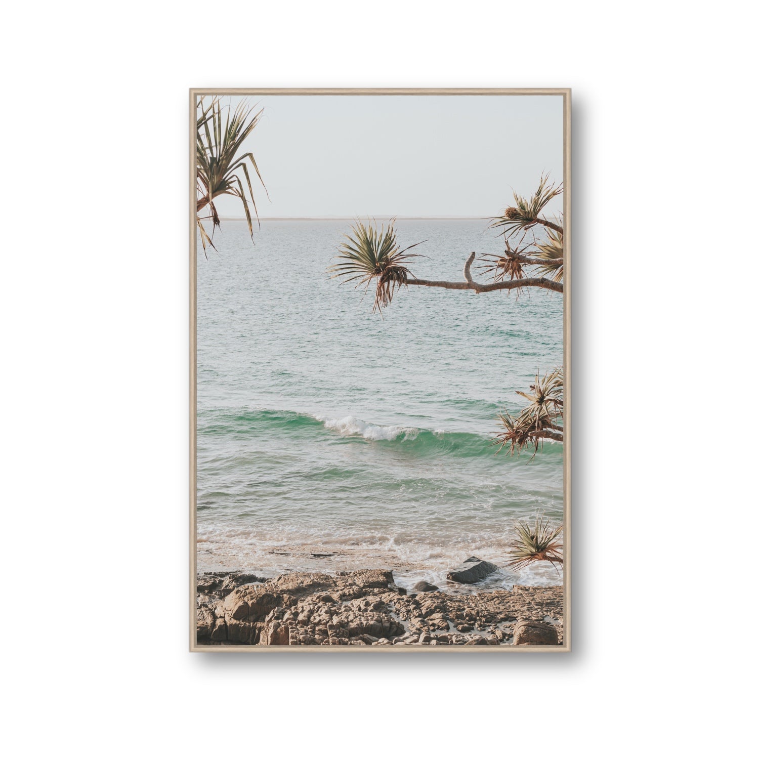 Good Vibrations fine art print, Noosa, Australia, coastal scenes artwork, Gallery, Natural Oak Float Frame, Fine Art Canvas