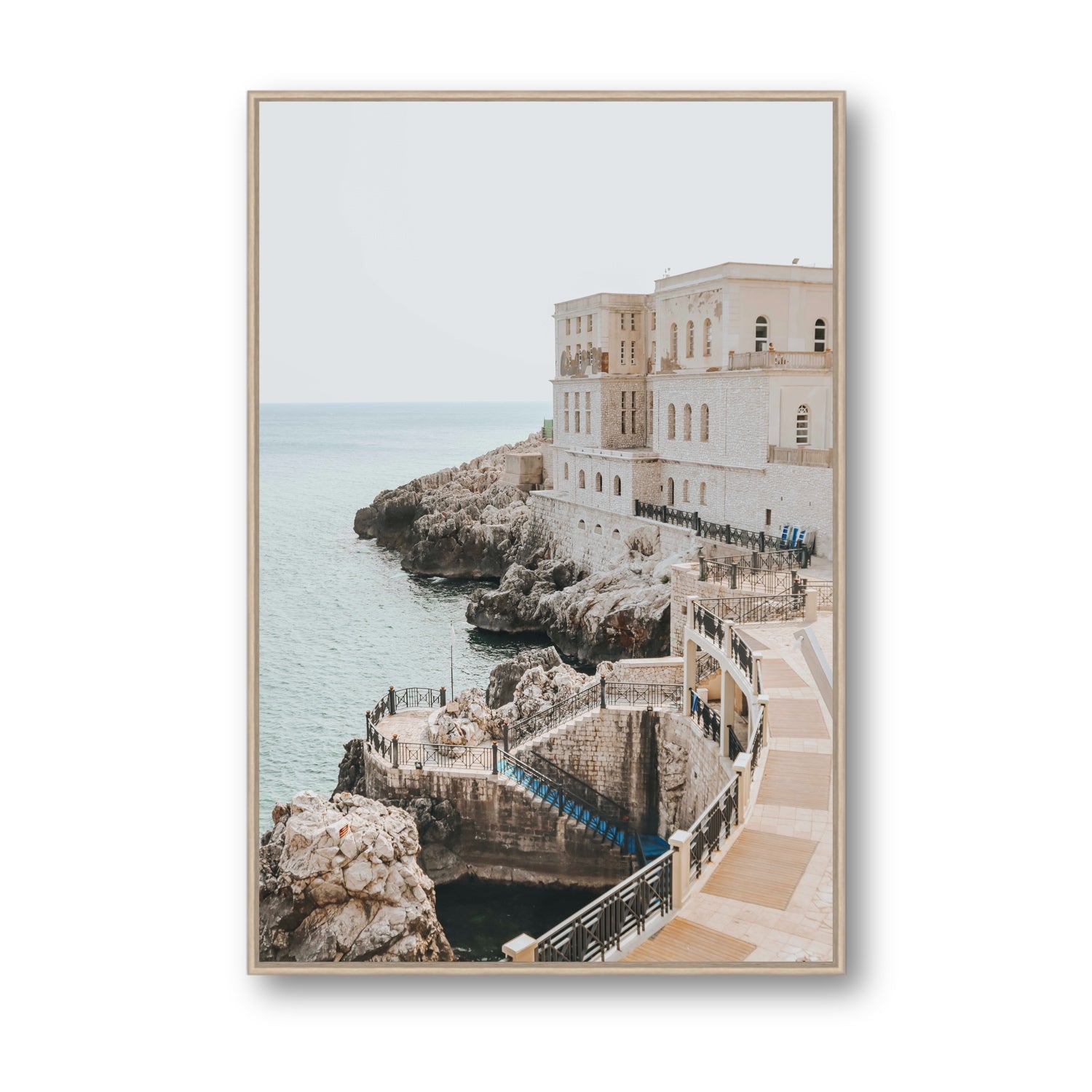 Santa Cesarea Puglia Italian coastal wall art Statement fine art canvas in natural oak float frame