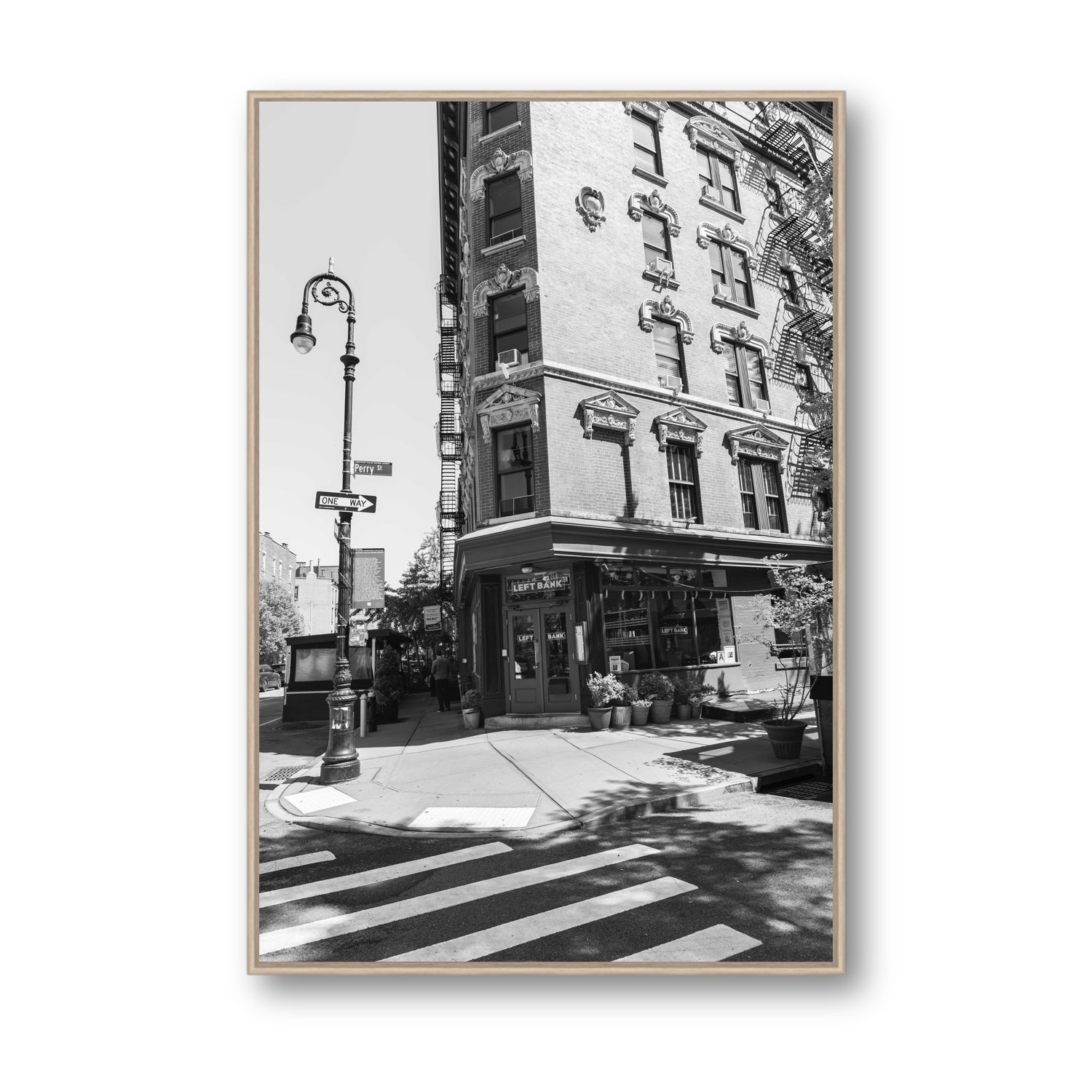 Parisian On Perry New York NYC Black & White wall art Statement fine art canvas in natural oak float frame