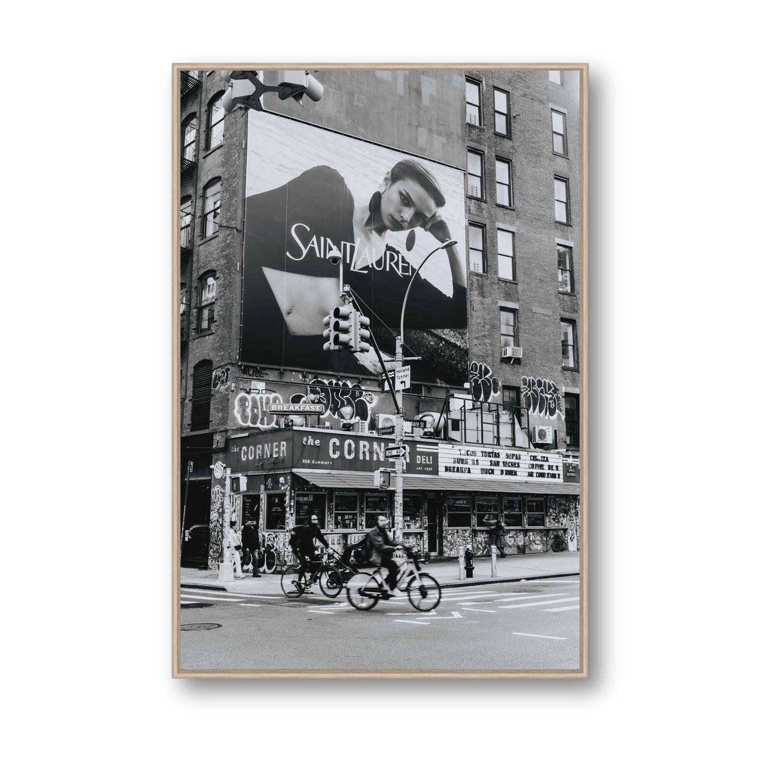 Runway To Rooftops New York NYC Black & White wall art Statement fine art canvas in natural oak float frame