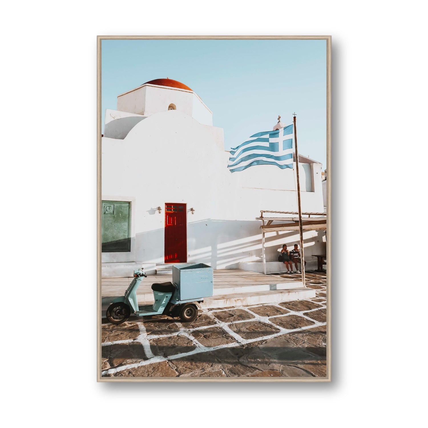 Mykonos Postcard fine art print, Mykonos, Greece, Statement, Natural Oak Float Frame, Fine Art Canvas