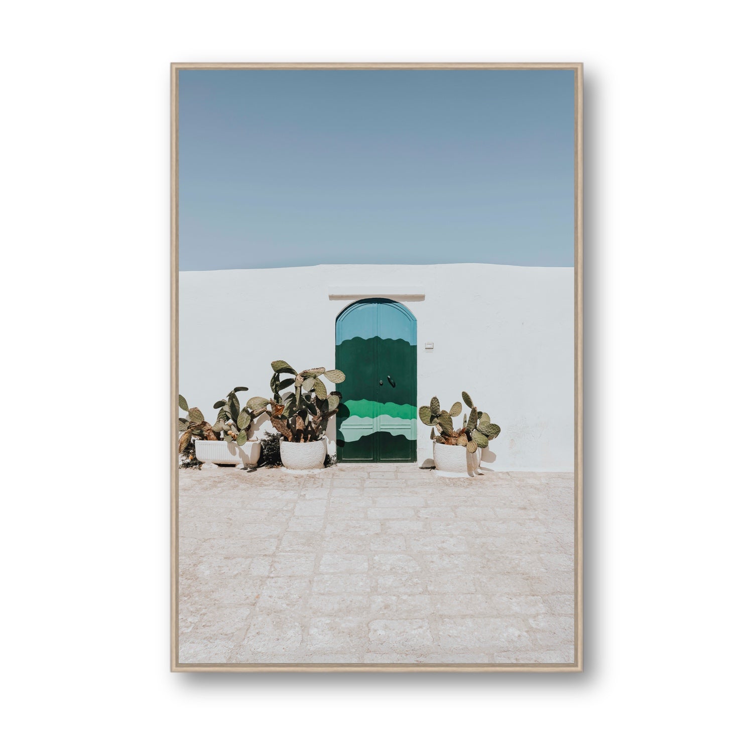 Imaginary Exit Puglia Mediterranean wall art Statement fine art canvas in natural oak float frame