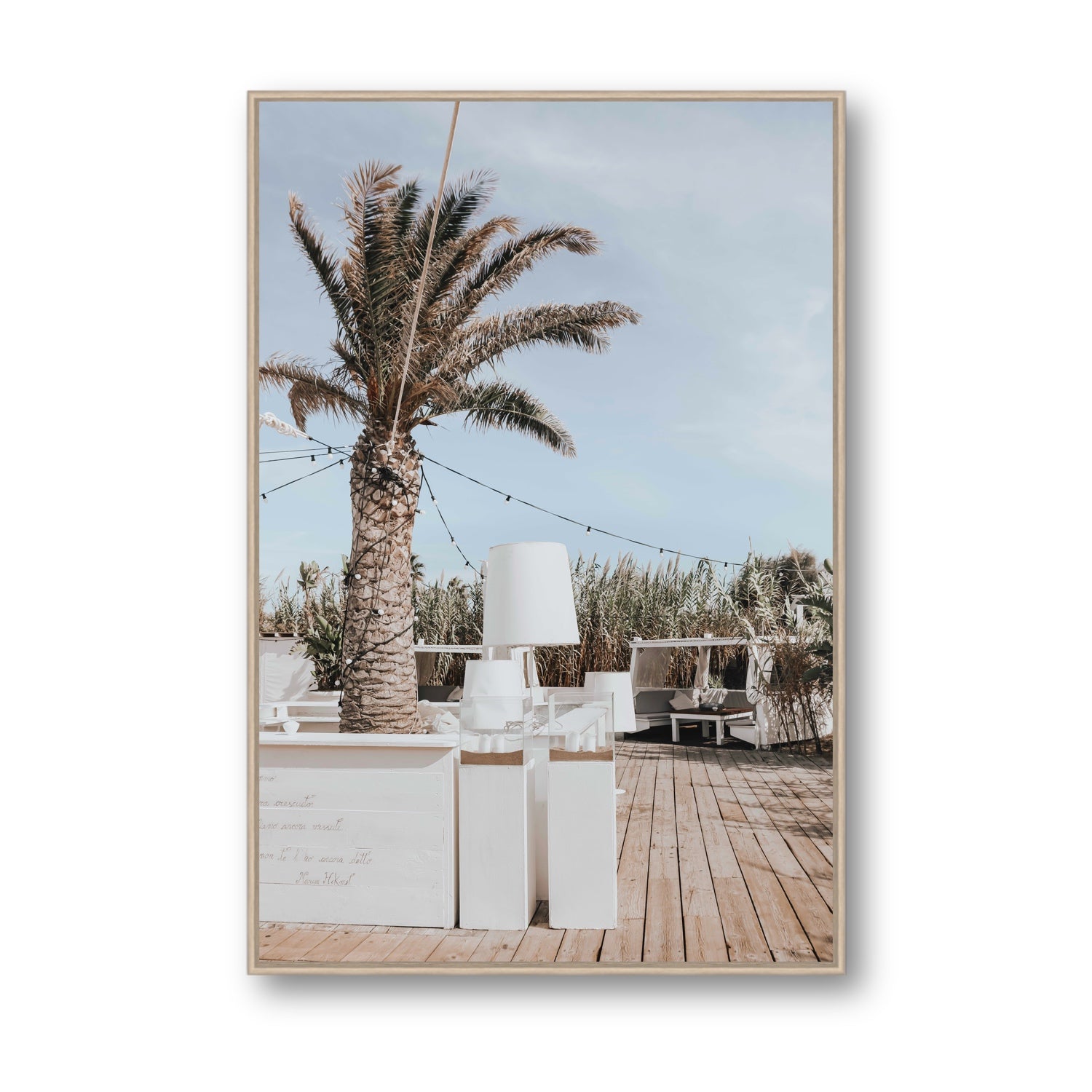 Seabreeze Palm Puglia coastal beach wall art Statement fine art canvas in natural oak float frame