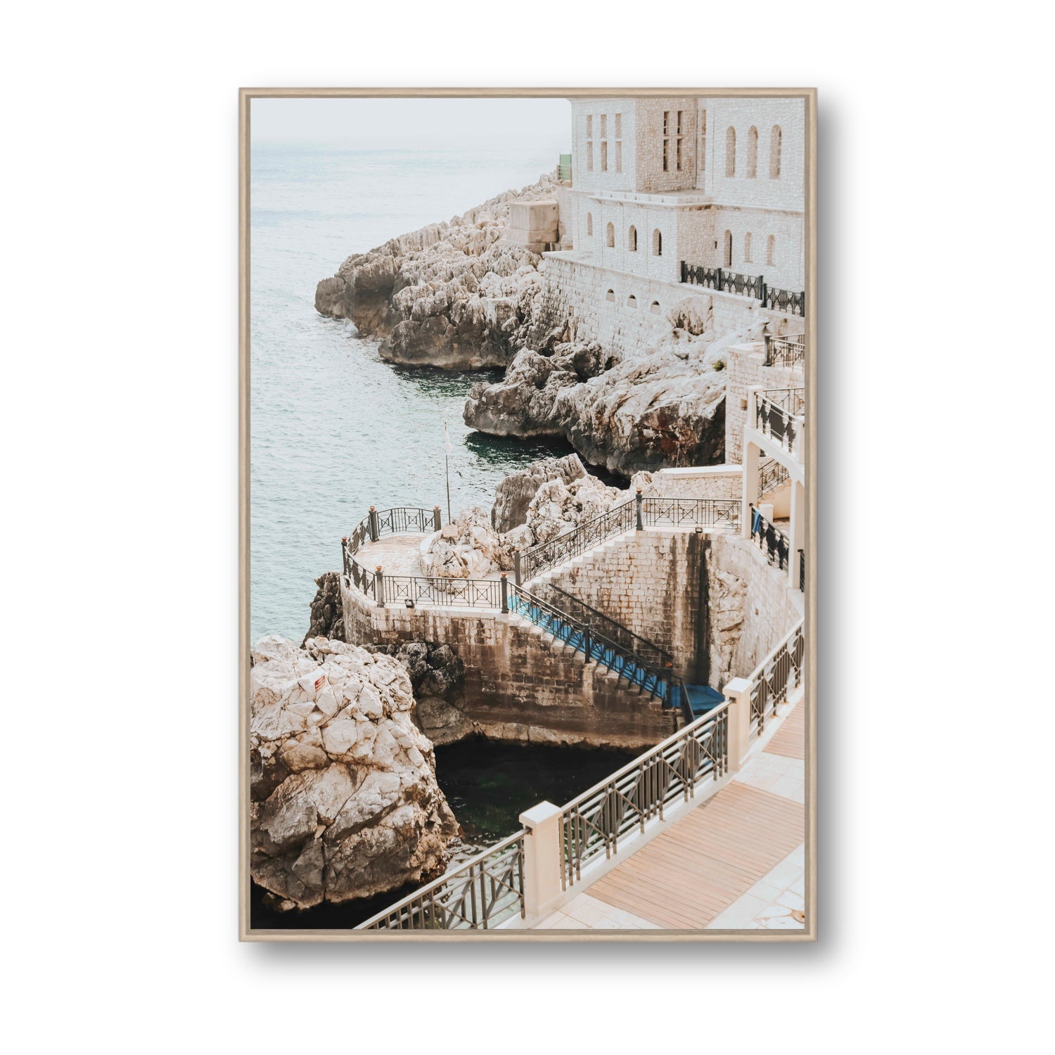 Wellness Centre Puglia coastal wall art Statement fine art canvas in natural oak float frame