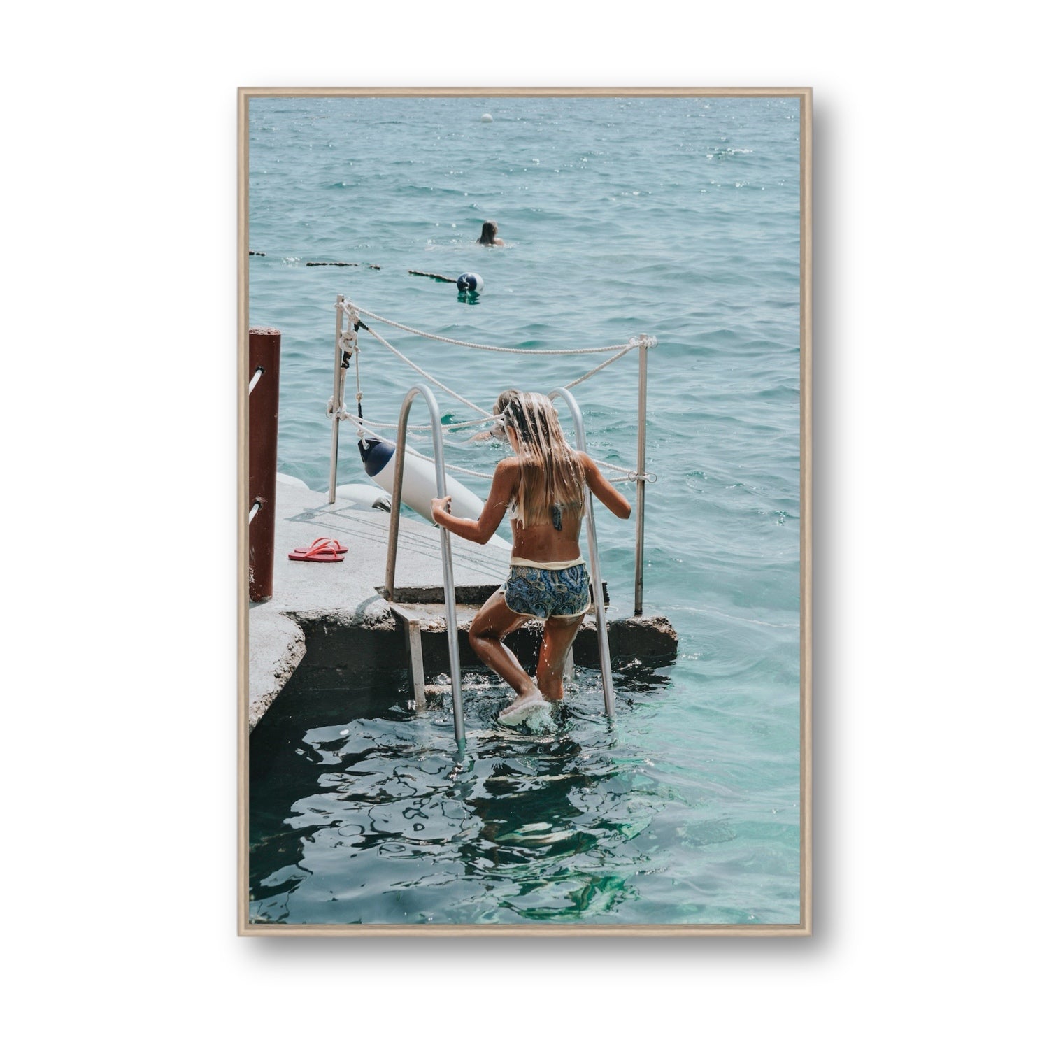 Little Mermaid Capri Mediterranean wall art Statement fine art canvas in natural oak float frame