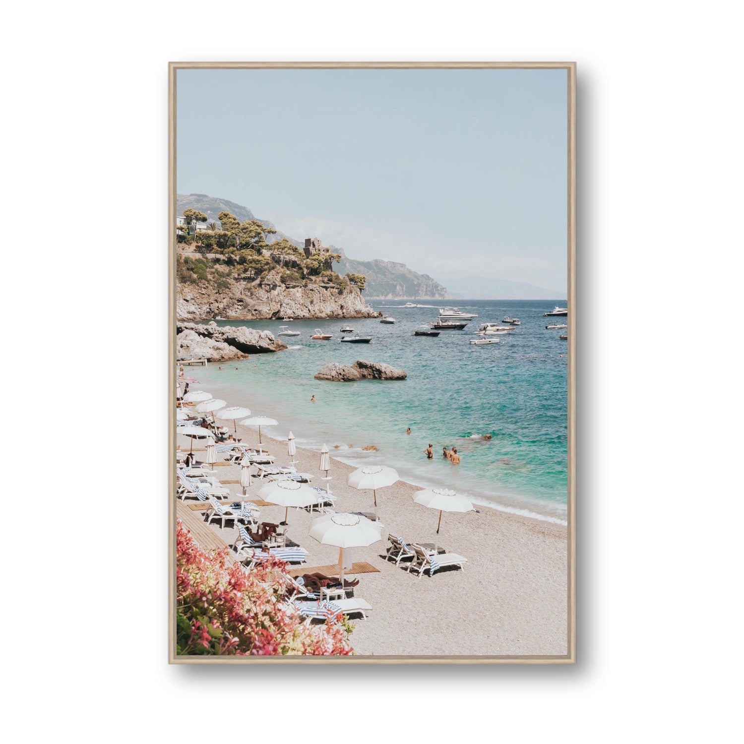 Seaview Refuge Amalfi coastal wall art statement fine art canvas in natural oak float frame