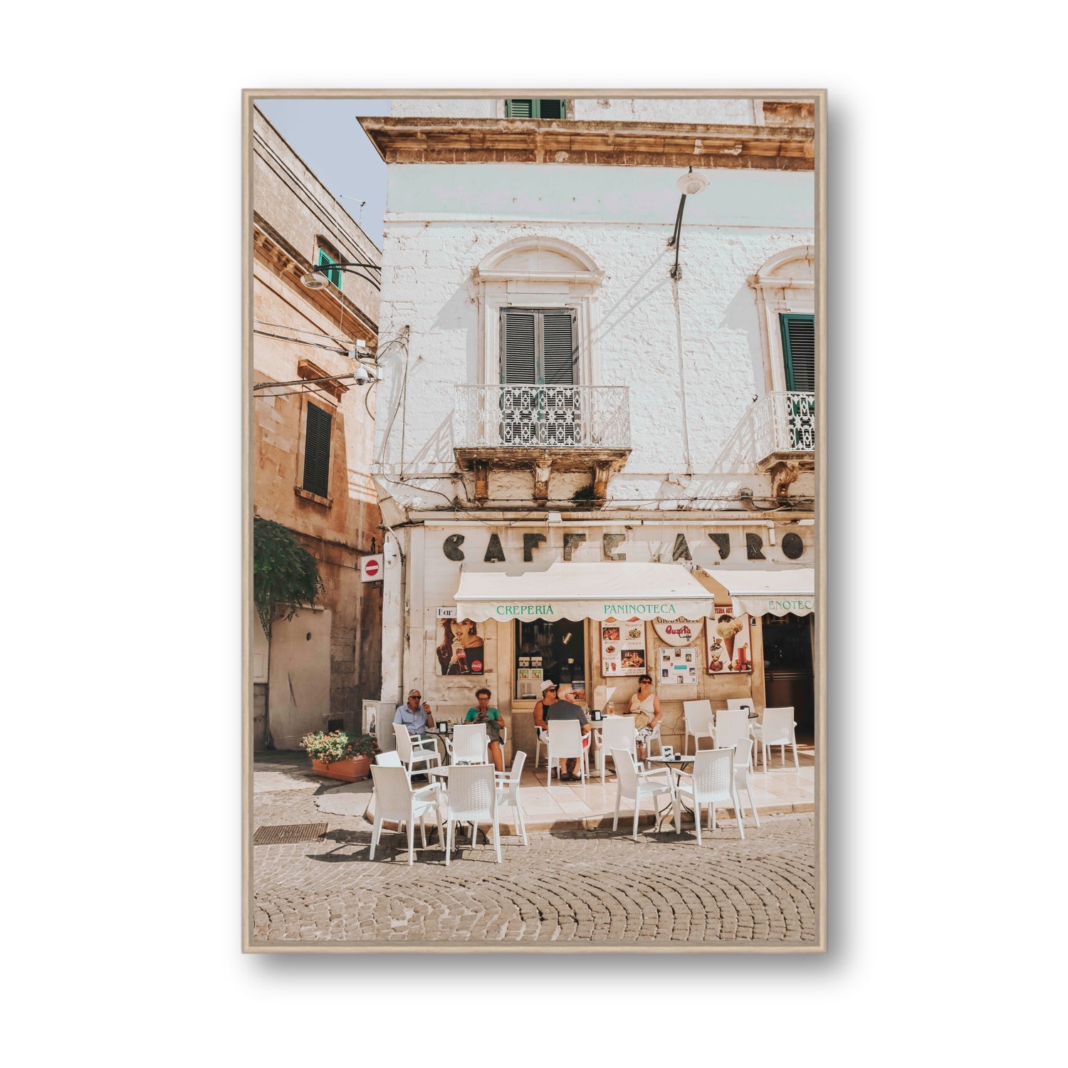 Cafe Ostuni Puglia Café Ostuni Italian wall art Statement fine art canvas in natural oak float frame