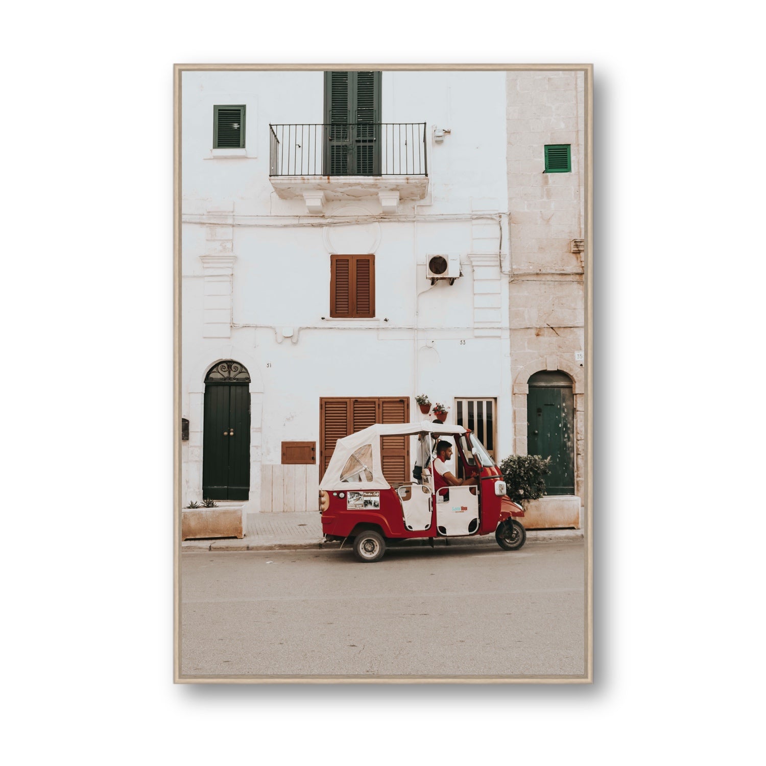 Groovy Piaggio Puglia Italian wall art Statement fine art canvas in natural oak float frame