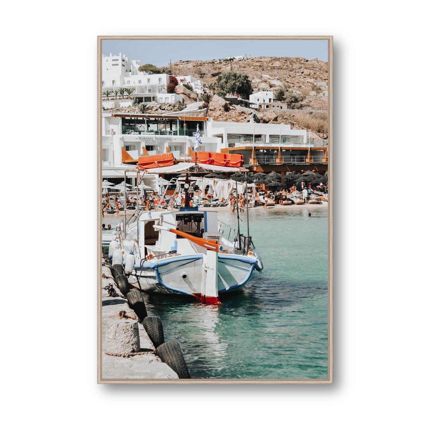 Travel In Style Mykonos Greek island wall art Statement fine art canvas in natural oak float frame
