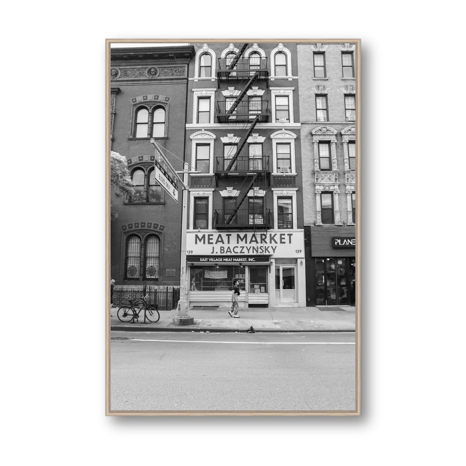 Vertical Village New York NYC Black & White wall art Statement fine art canvas in natural oak float frame