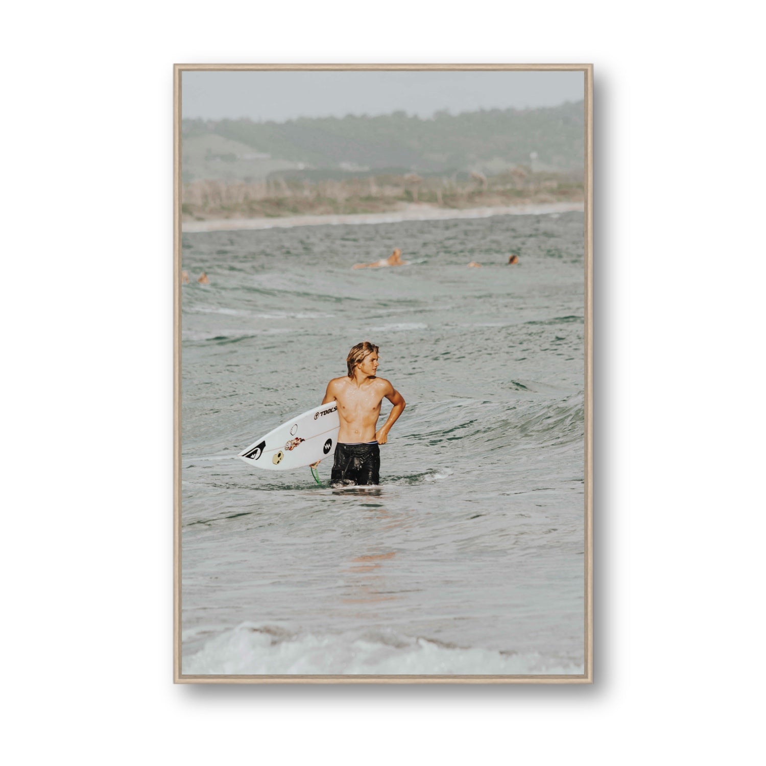 Chasing Mavericks Byron Bay Surf coastal wall art Statement fine art canvas in natural oak float frame
