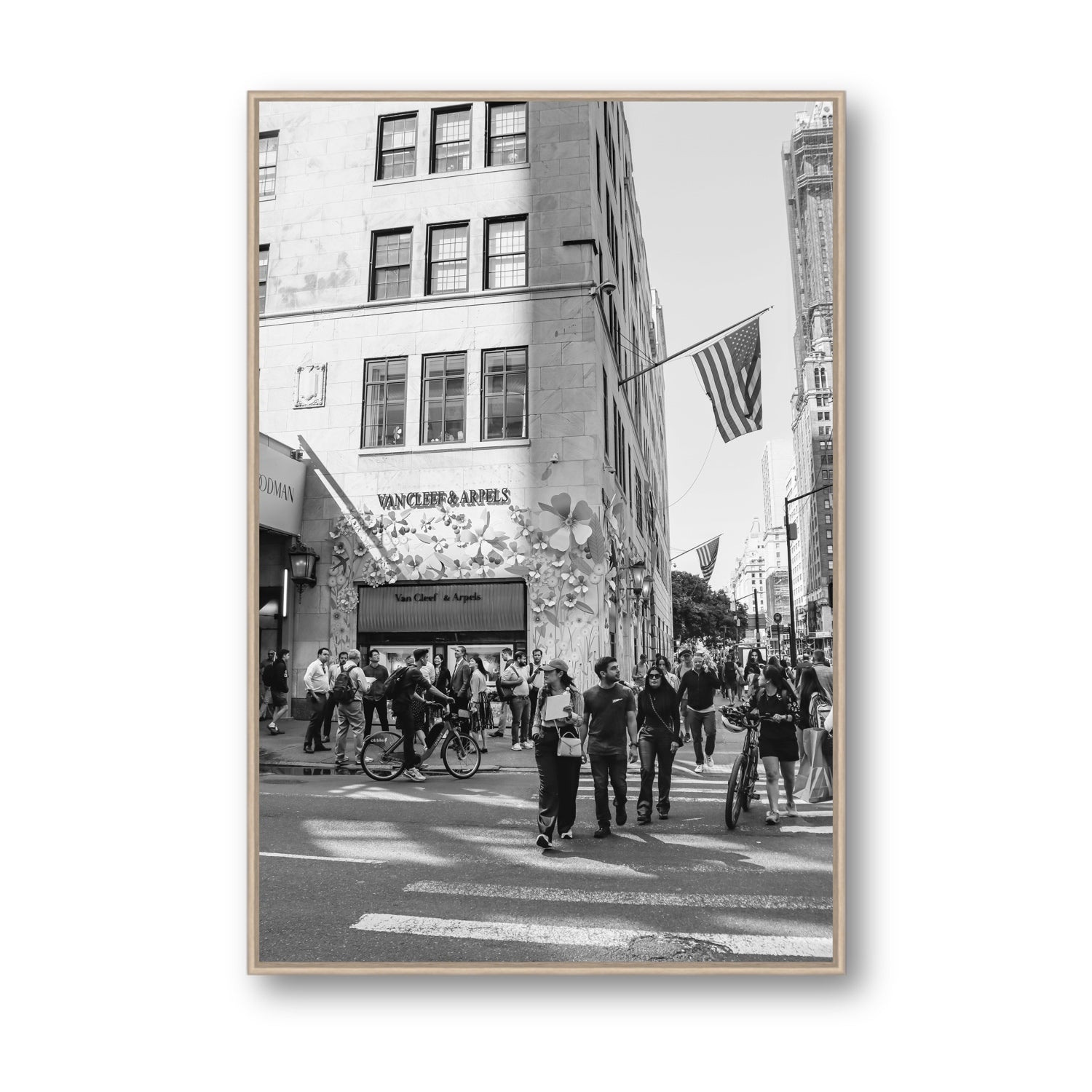 Sidewalk Shuffle New York NYC Black & White wall art Statement fine art canvas in natural oak float frame