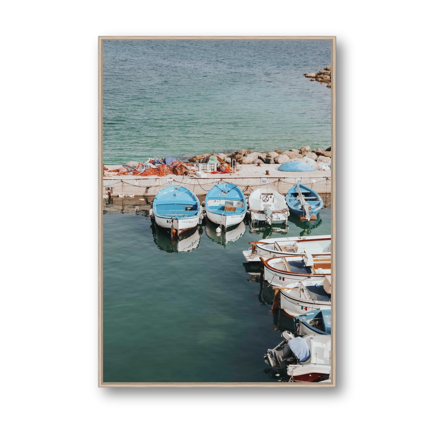 Maritime Memories Puglia Harbour Reflections coastal wall art Statement fine art canvas in natural oak float frame