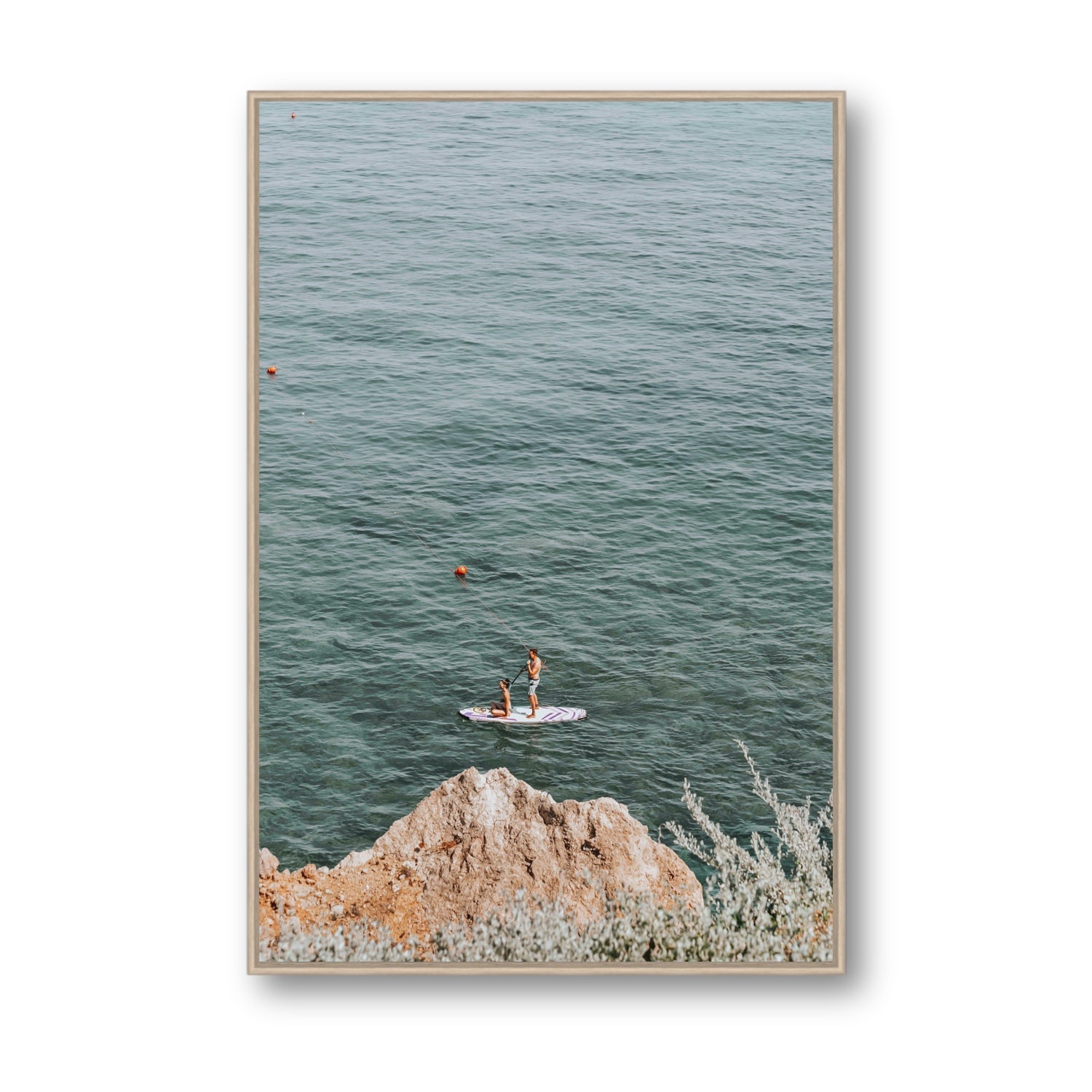 Into The Vibe Without Getting Wet Tuscany coastal wall art Statement fine art canvas in natural oak float frame