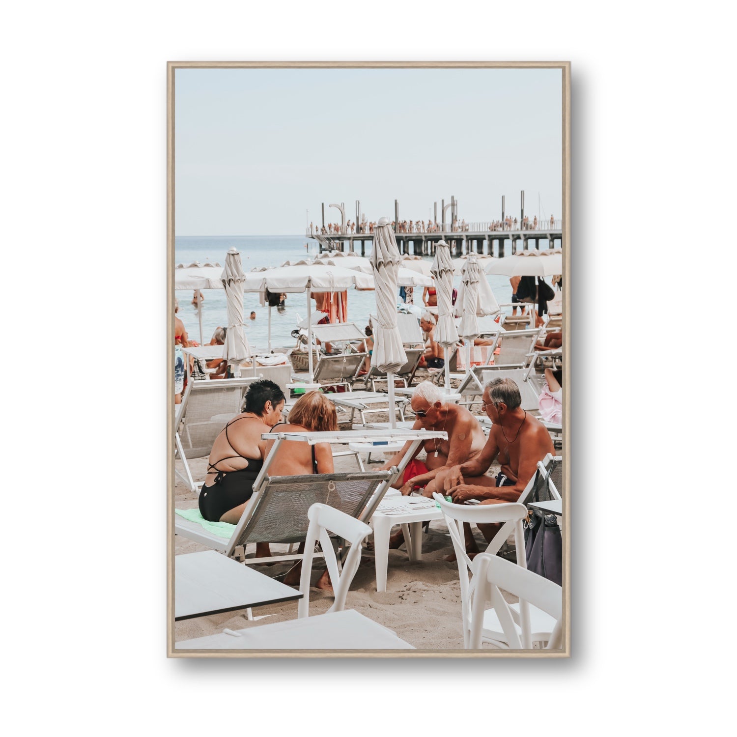 Salted Shuffle fine art print, Alassio, Italy, people and locals artwork, Statement, Natural Oak Float Frame, Fine Art Canvas