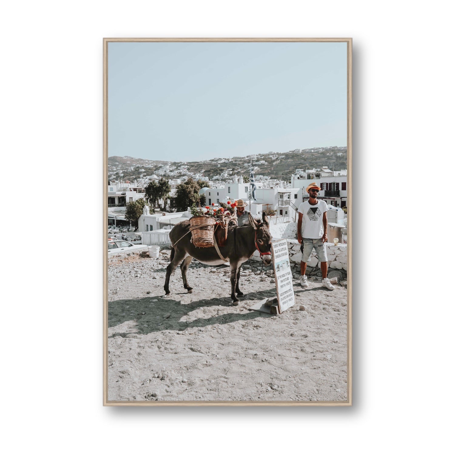 Let The Journey Begin Mykonos Greek island wall art Statement fine art canvas in natural oak float frame