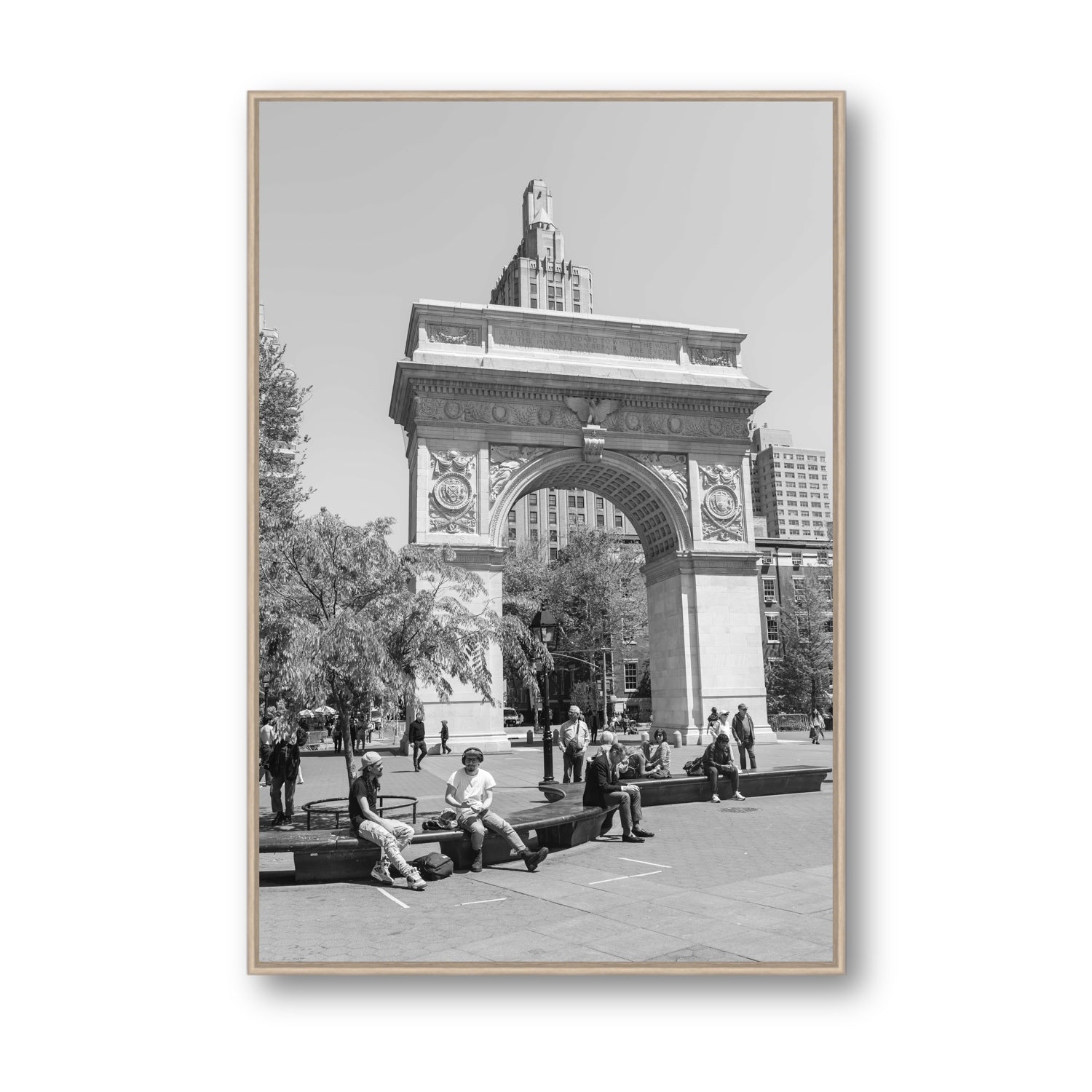 City Picnic New York NYC Black & White wall art Statement fine art canvas in natural oak float frame
