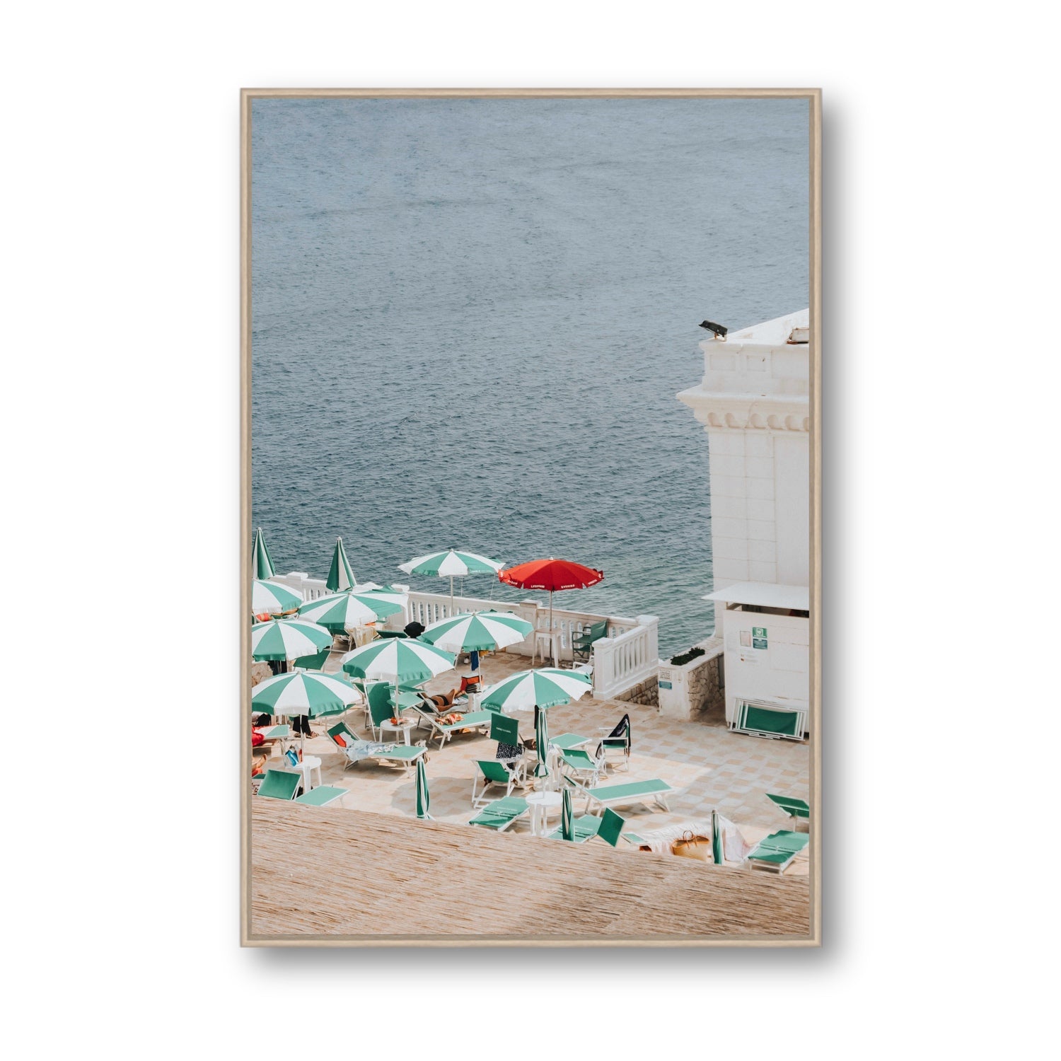 Lido Italiano Puglia beach Italian wall art Statement fine art canvas in natural oak float frame