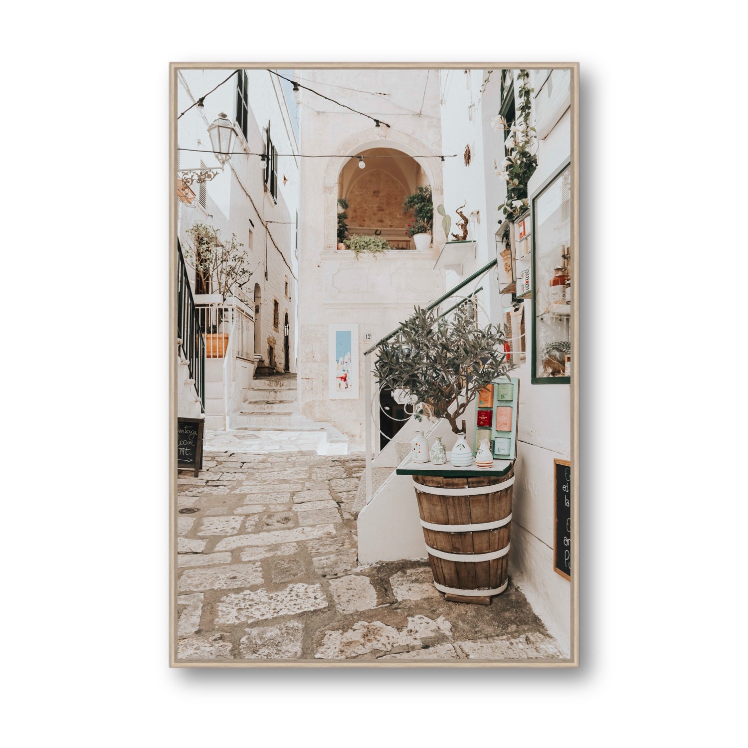 Olive Tree Lane Puglia Ostuni Mediterranean decor wall art Statement fine art canvas in natural oak float frame