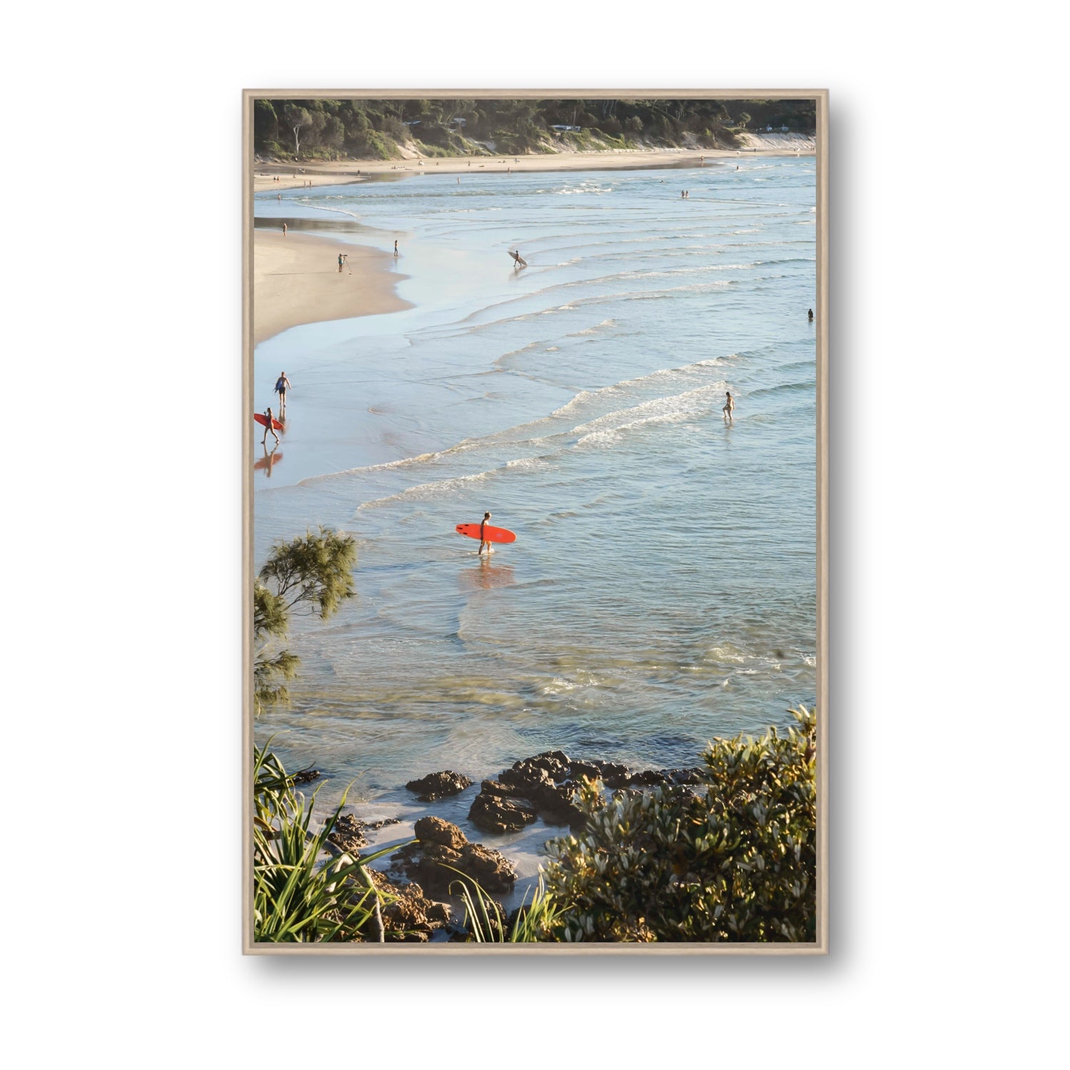 Seclusion Byron Bay Surf coastal wall art Statement fine art canvas in natural oak float frame