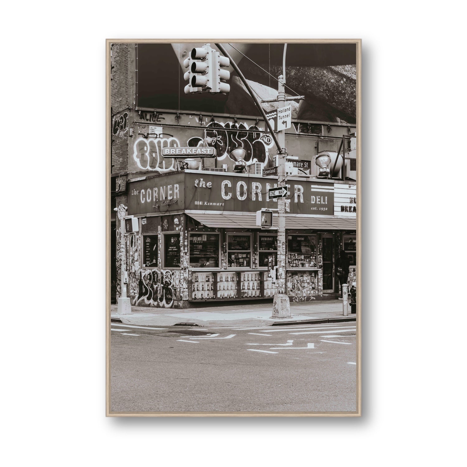 Soho Deli New York NYC Black & White wall art Statement fine art canvas in natural oak float frame