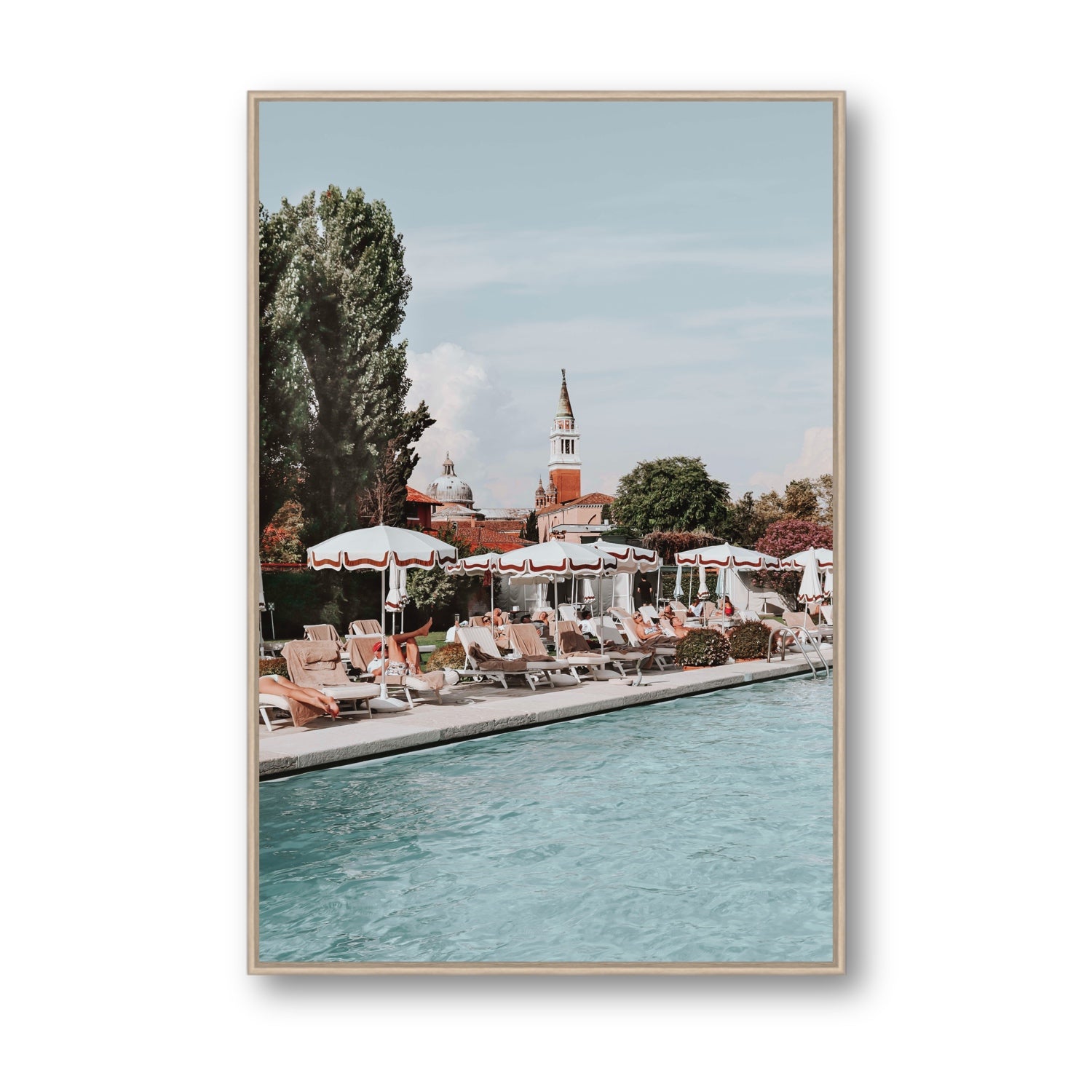 Poolside Perch Venice Italian wall art Statement fine art canvas in natural oak float frame